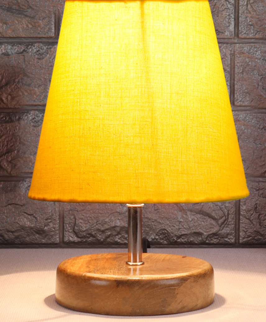 Devansh Yellow cotton Round Natural Wood Table Lamp-image-28