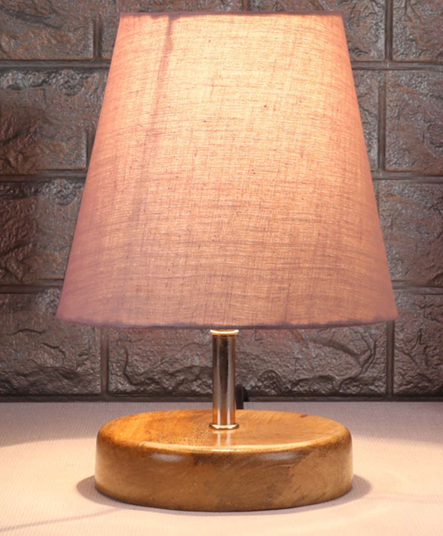 Devansh Grey cotton Round Natural Wood Table Lamp-image-8