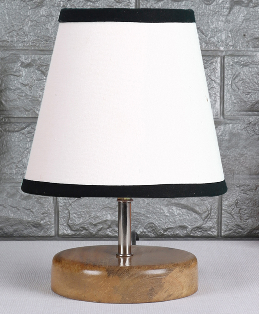 Devansh White & Black cotton Round Natural Wood Table Lamp-image-26