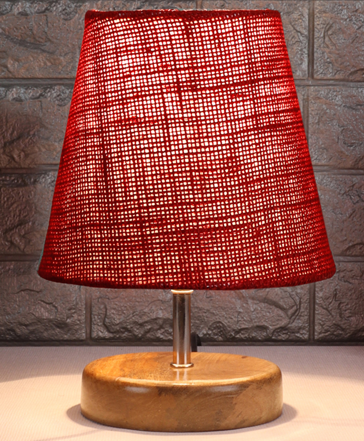Devansh Maroon Jute Round Natural Wood Table Lamp-image-7