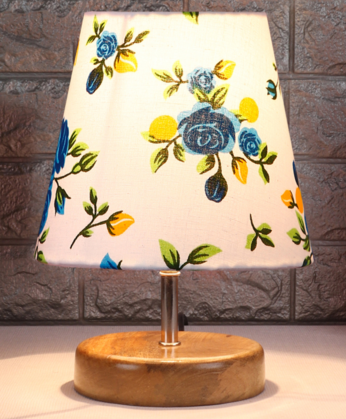 Devansh Multicolor cotton Round Natural Wood Table Lamp-image-6