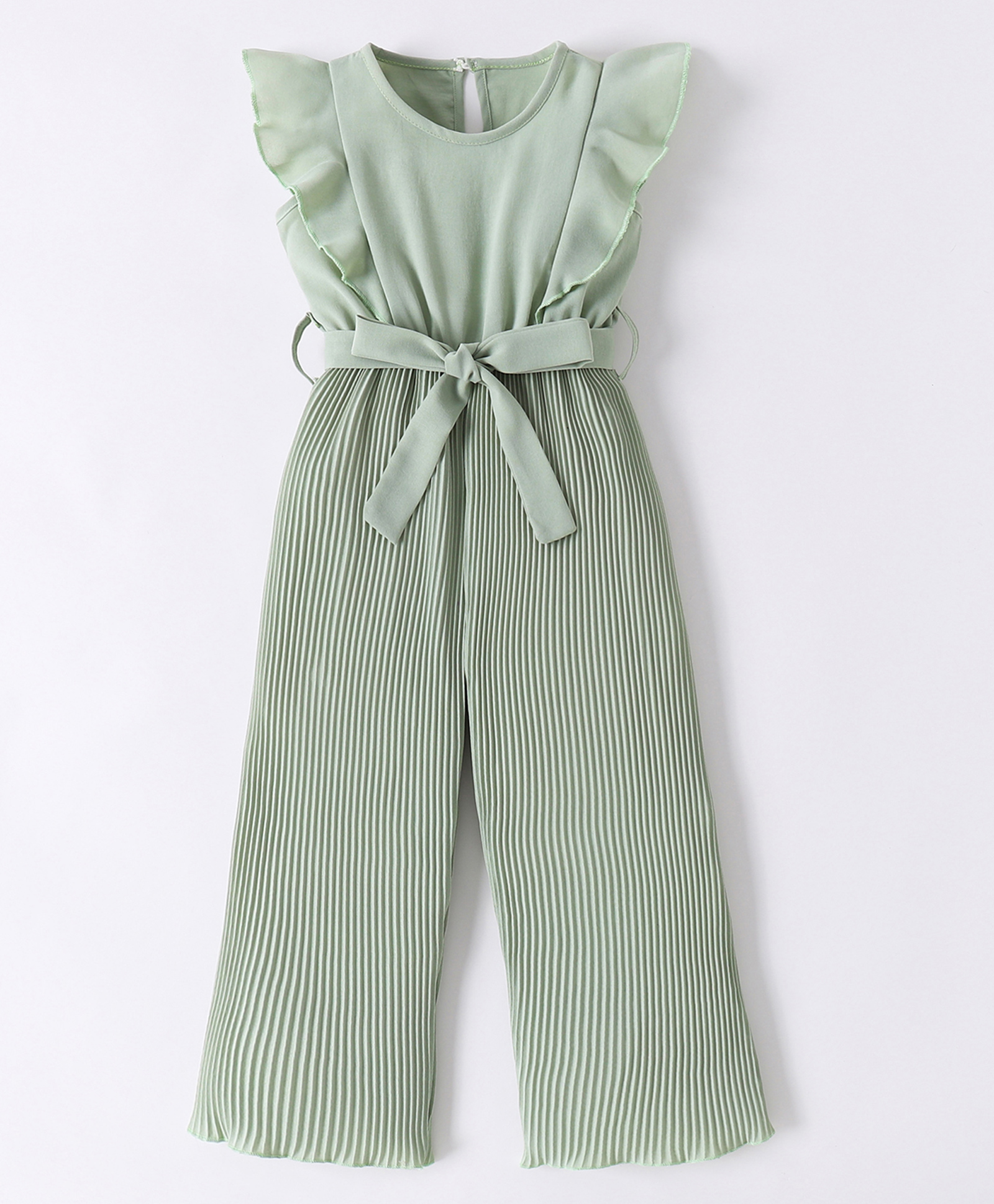 Kookie Kids Frill Sleeves Solid Colour Jumpsuit with Pleated Design  - Green-picture-12