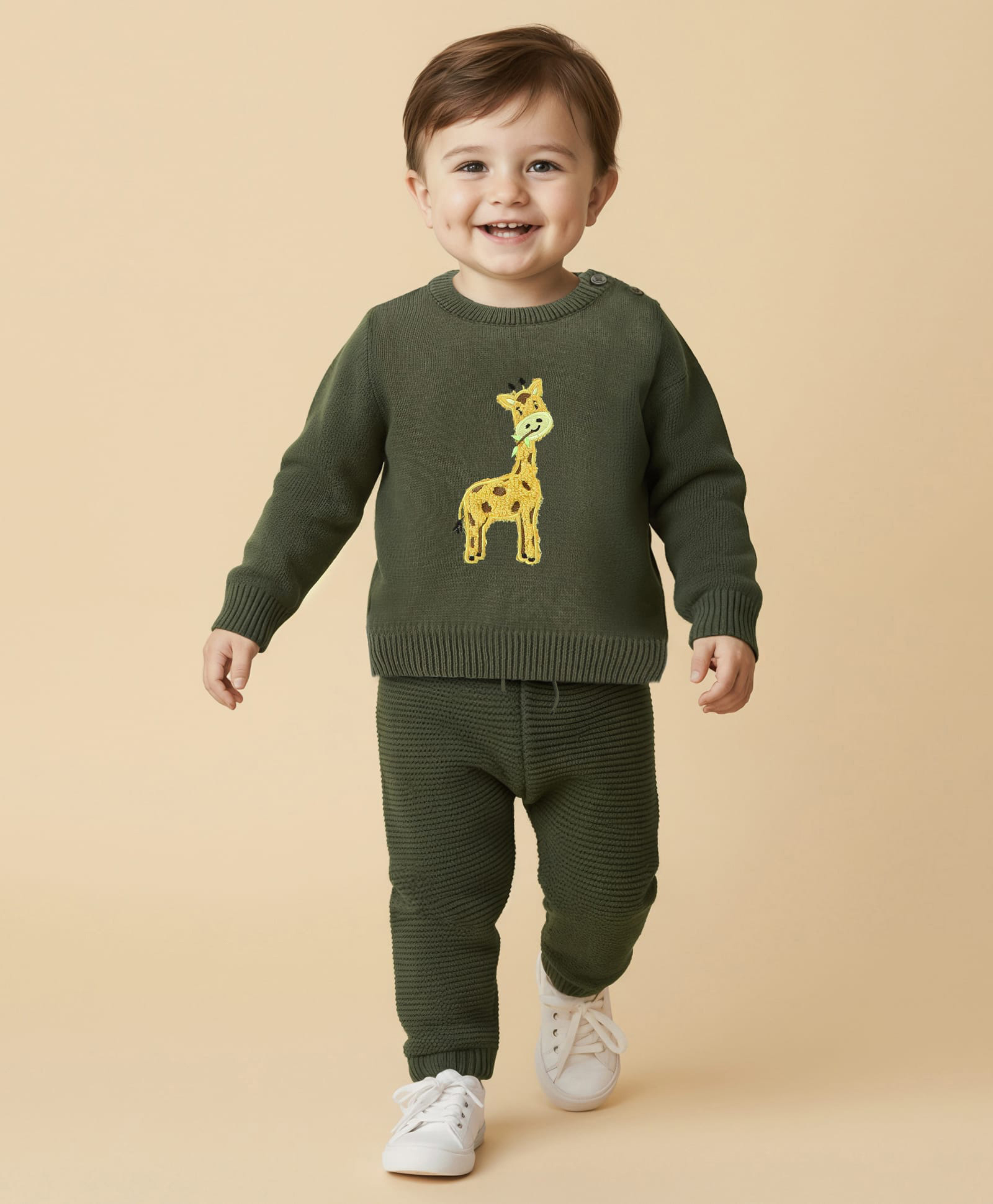 Babyoye Cotton Knitted Full Sleeves Pullover Sweater Set with Giraffe Embroidery- Dark Green-picture-33