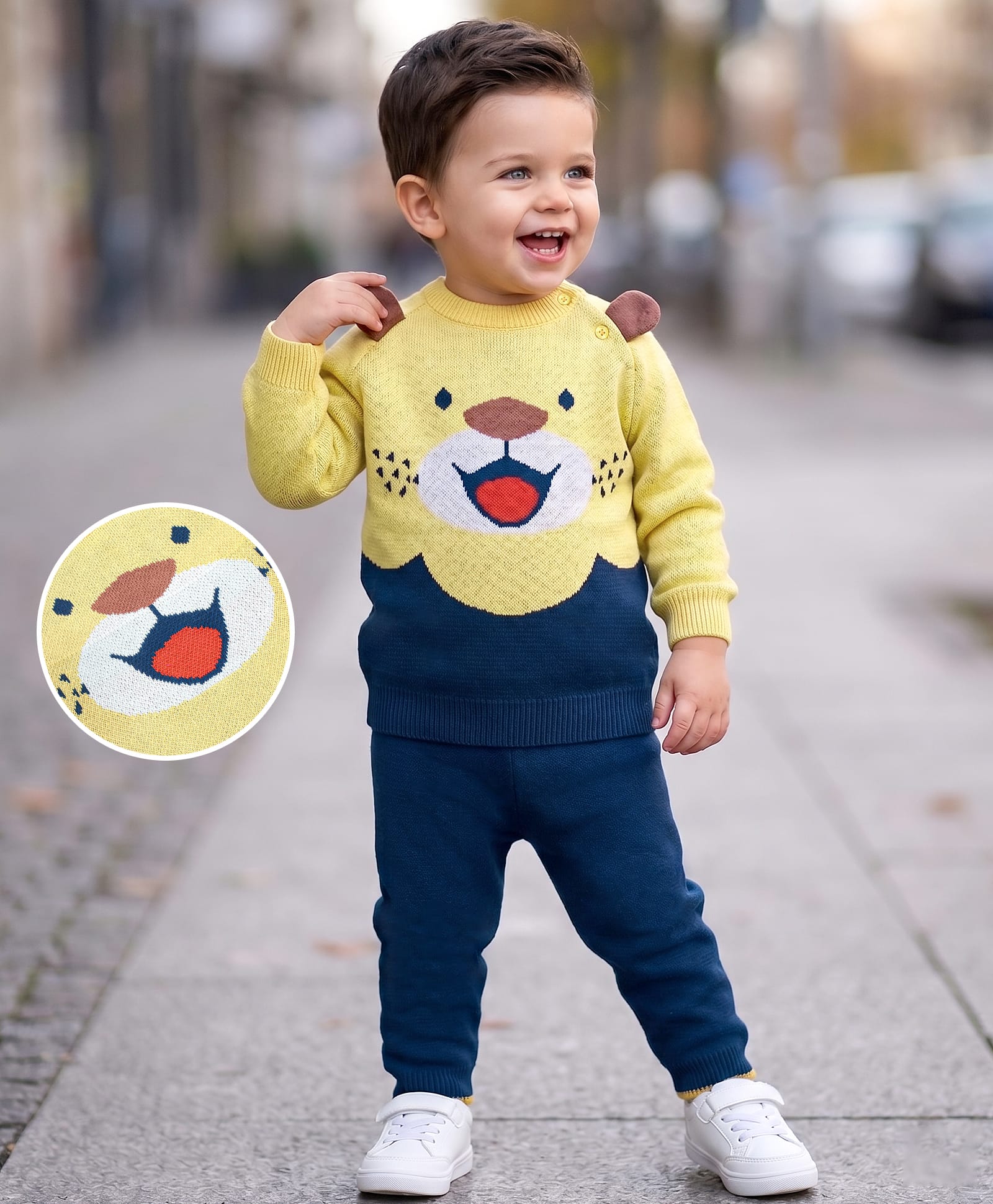 Babyoye100% Cotton Knit Full Raglan Sleeves Pullover Sweater & Pant Set with Tiger Design & Applique - Yellow & Navy Blue-image-31