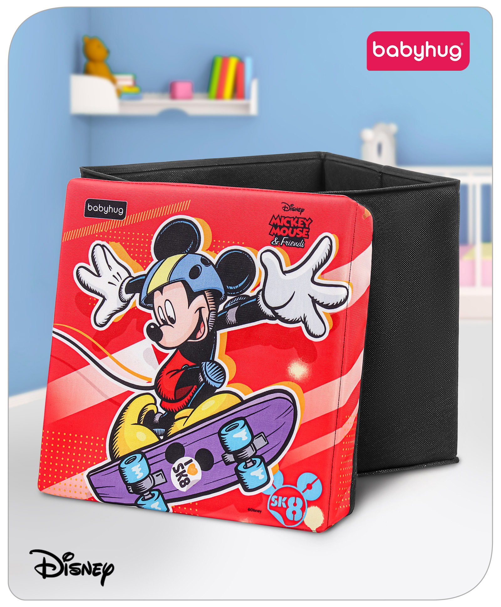 Babyhug Disney Foldable Storage Box with Lid Skating Mickey Theme- Black-picture-23