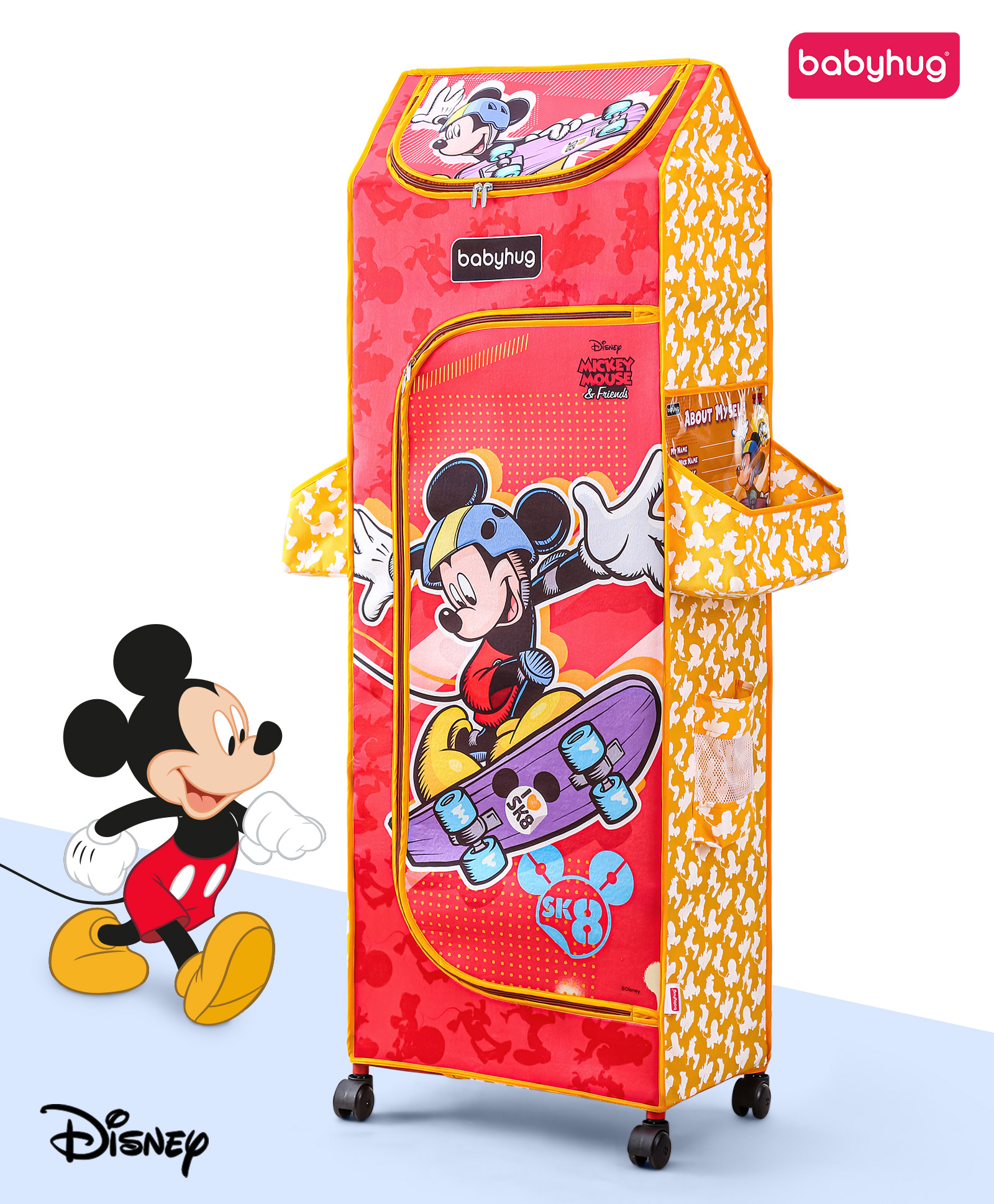 Babyhug Disney 5 Shelved Almirah With Wheels Skating Mickey Theme - Mustard Yellow