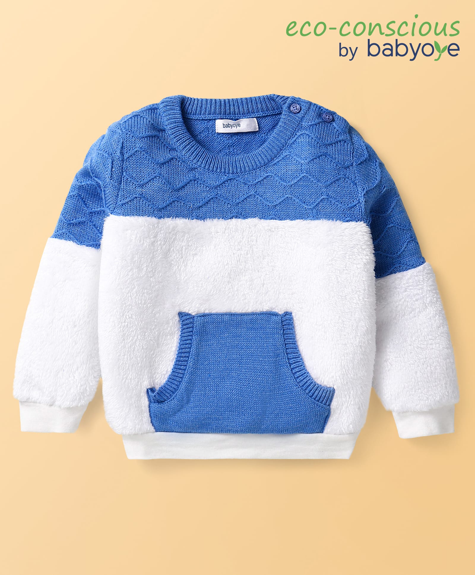 Babyoye Cotton Knitted Full Sleeves Pullovers Sweater with Kangaroo Pockets - Blue-image-14