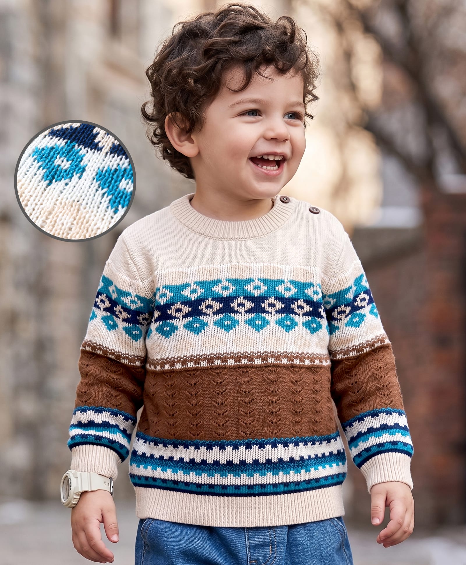 Babyoye 100% Cotton Knitted   Full Sleeves Stripes Pullovers Sweater with Fair Isle Knitting Pattern - White-image-1