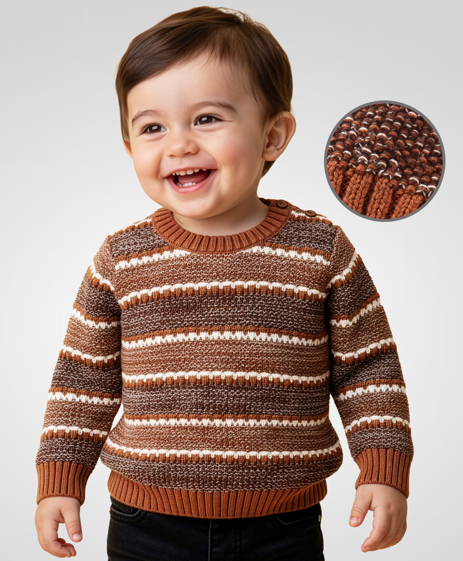 Babyoye 100% Cotton Knit Full Sleeves Pullover Sweater With Stripes Design - Brown-picture-16