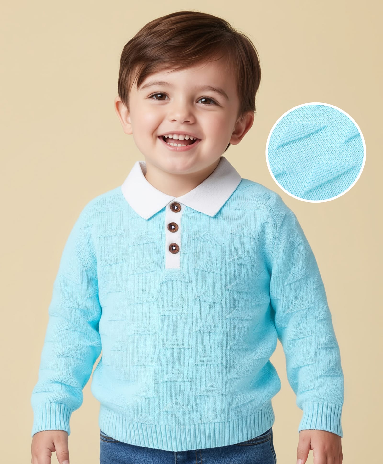 Babyoye 100% Cotton Knit Full Sleeves Textured Pullover Sweater - Light Blue