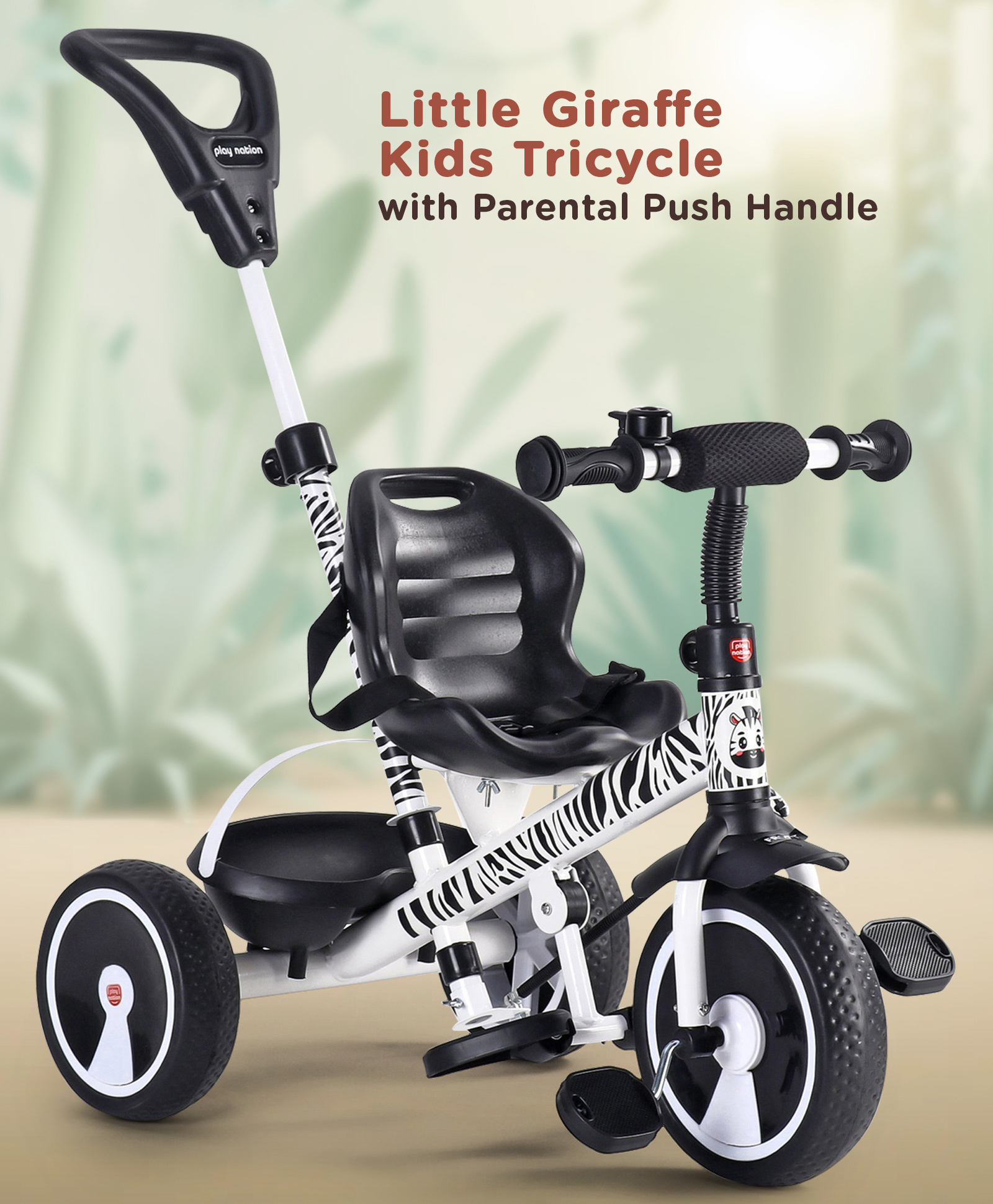 Play Nation Little Zebra Kids Tricycle with Parental Push handle  -  White-image-7