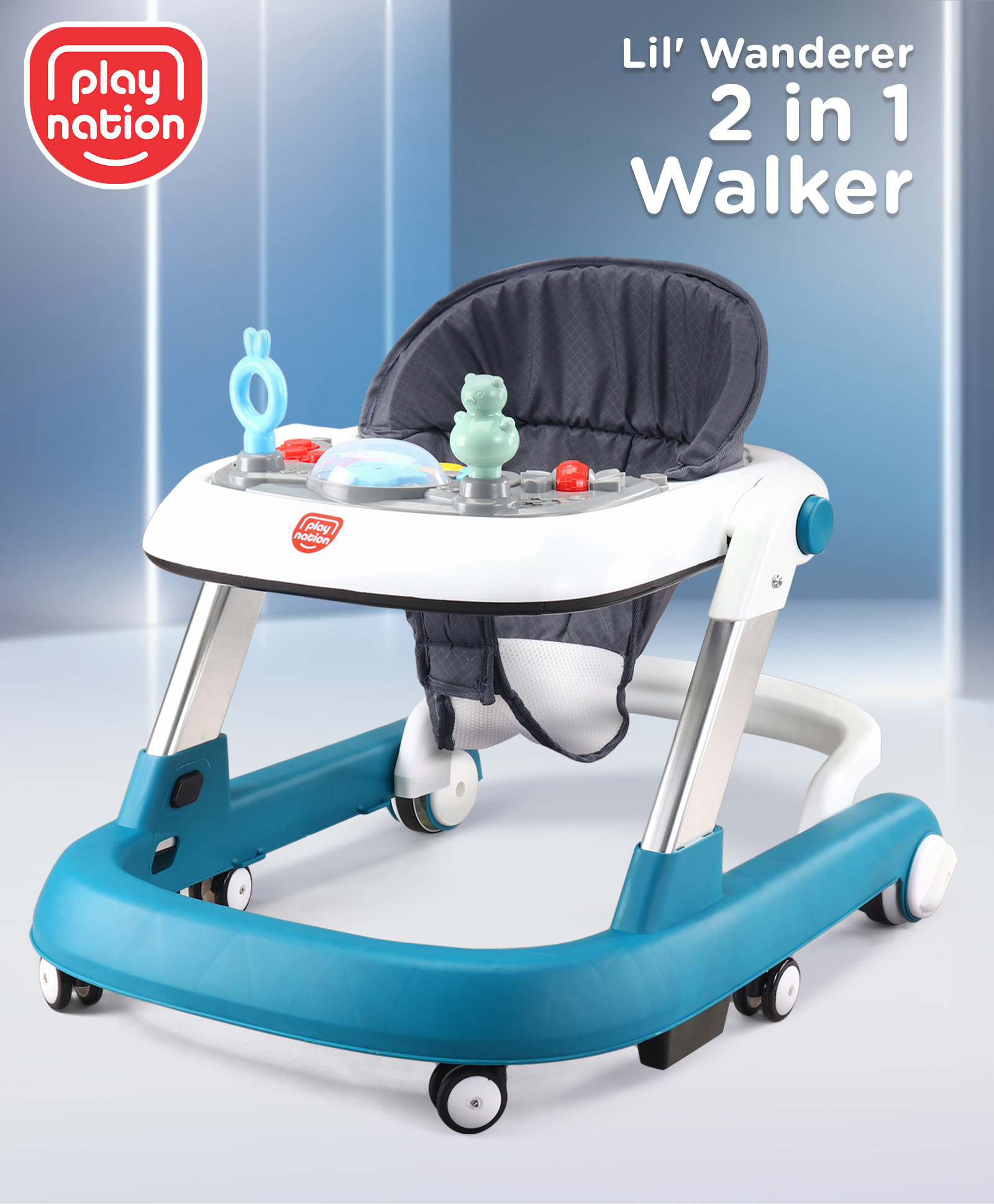 Play Nation Wanderer 2 in 1 Walker with Height Adjustment & Detachable Toy Bar with Lights & Music- Blue-image-29