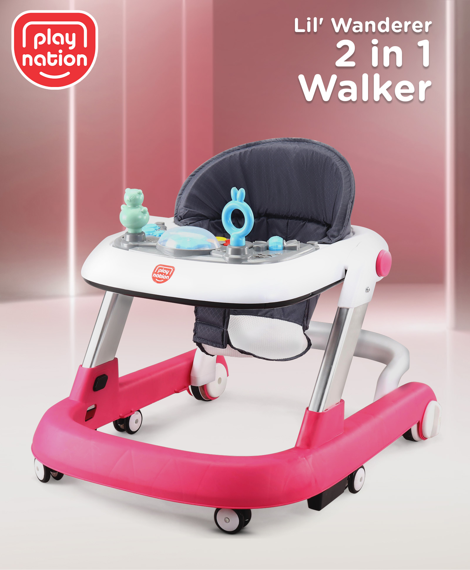 Play Nation Lil' Wanderer 2 in 1 Walker with Height Adjustment & Detachable Toy Bar with Lights & Music - Pink-image-30