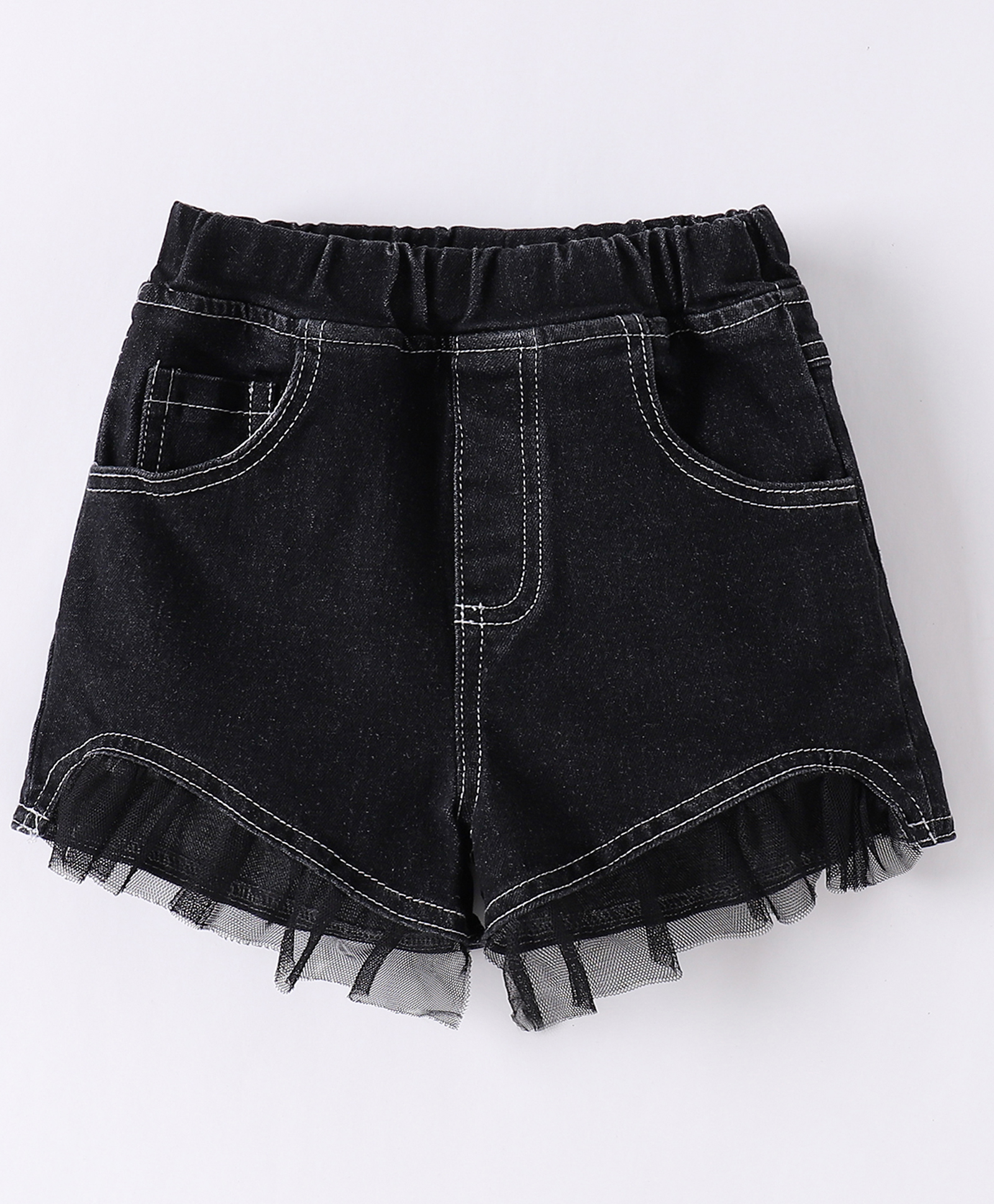 Kookie Kids  Denim Shorts with Frill Detailing Solid Colour  - Black-image-32