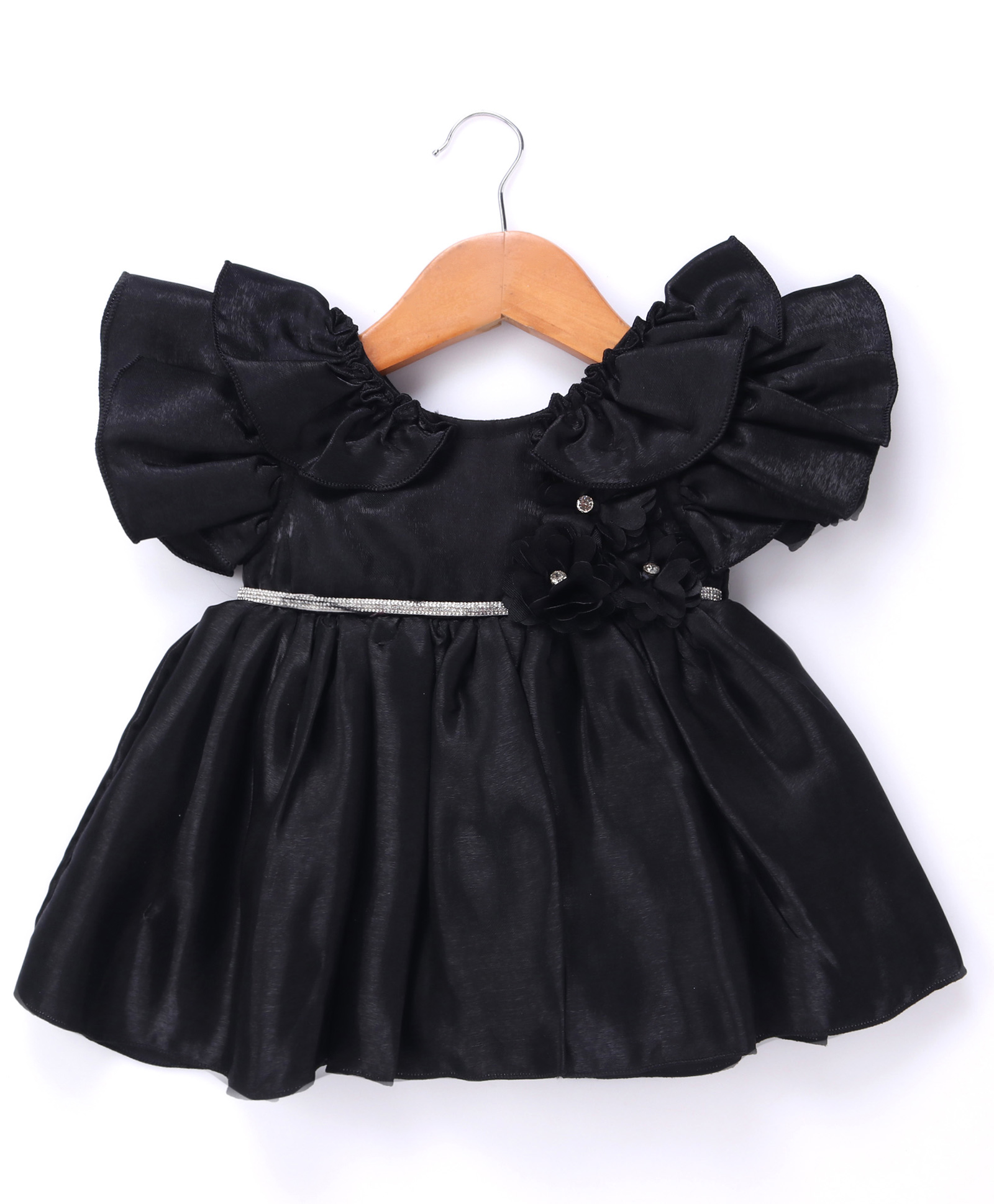 Babyhug Fill Sleeves   Fit &  Flare Party Frock with Floral Applique - Black-image-33