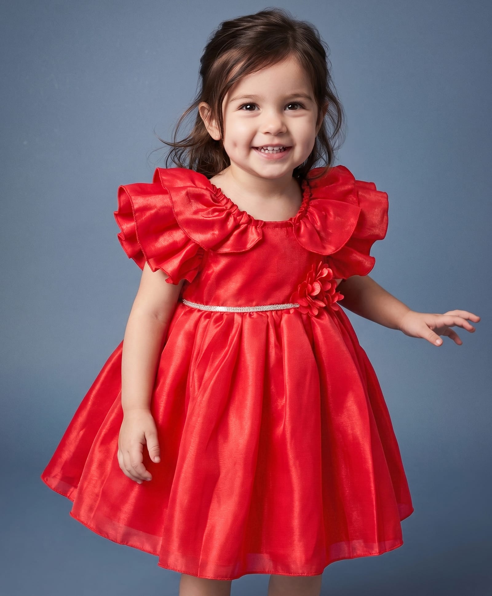 Babyhug Frill Sleeves Party Fit & Flared Party Frock with Floral Applique - Red-image-4
