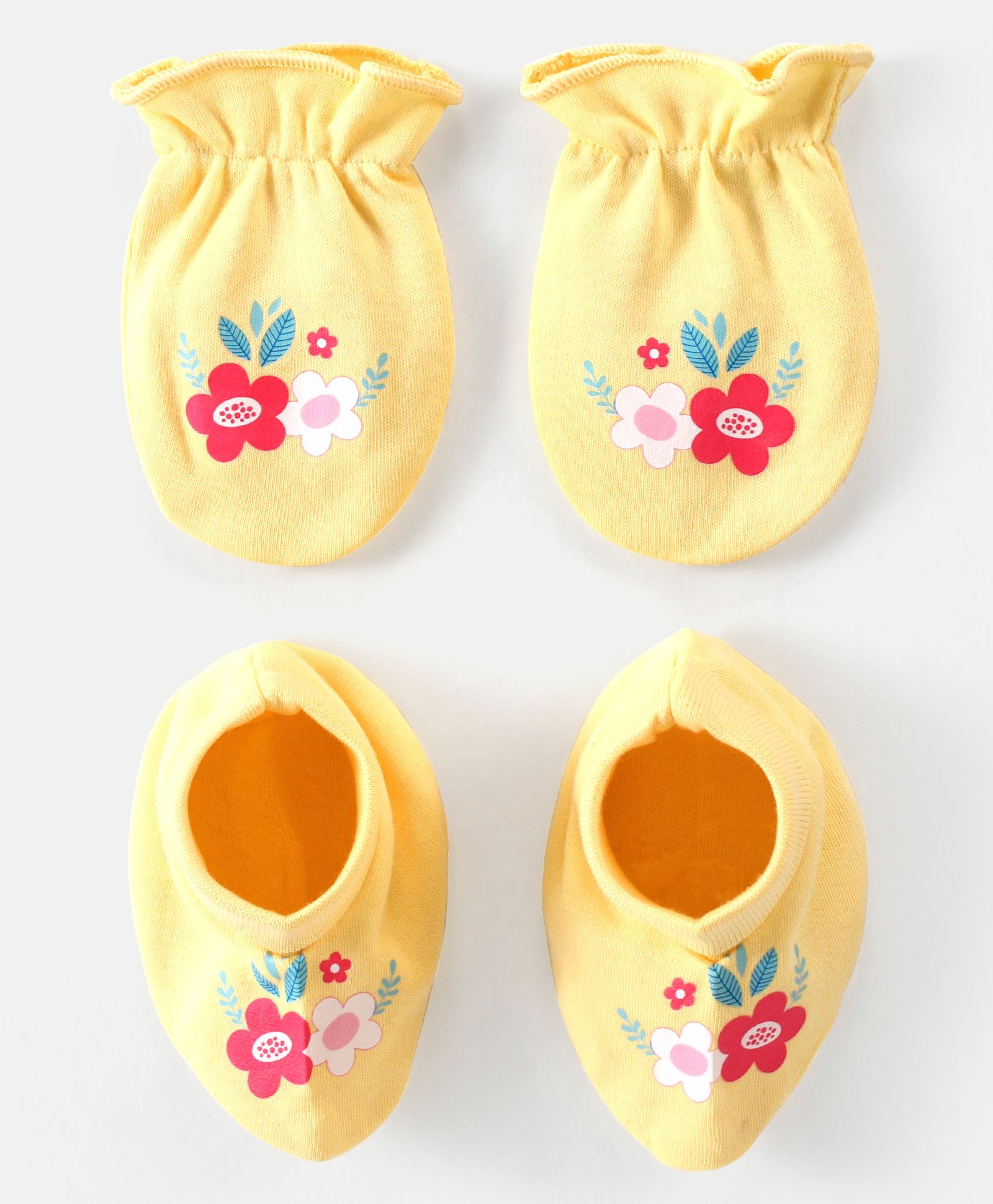 Babyhug 100% Cotton Knit Floral Print Mittens & Booties - Yellow-image-10