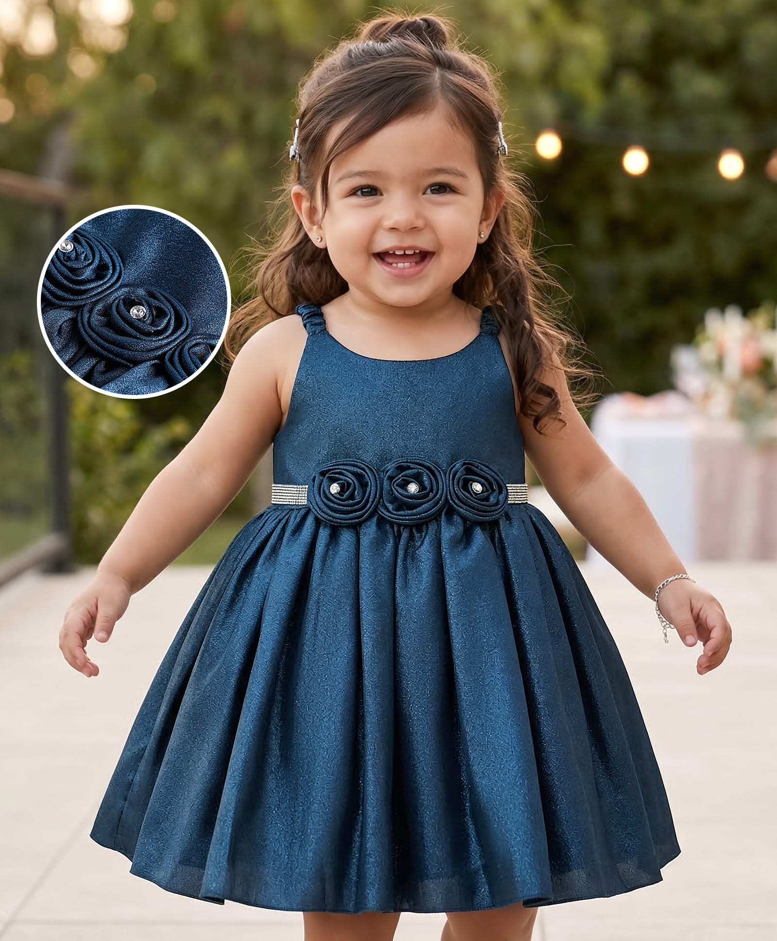 Babyhug Woven Singlet Sleeves Fit & Flared Party Frock with Floral Corsage - Teal Blue-image-13