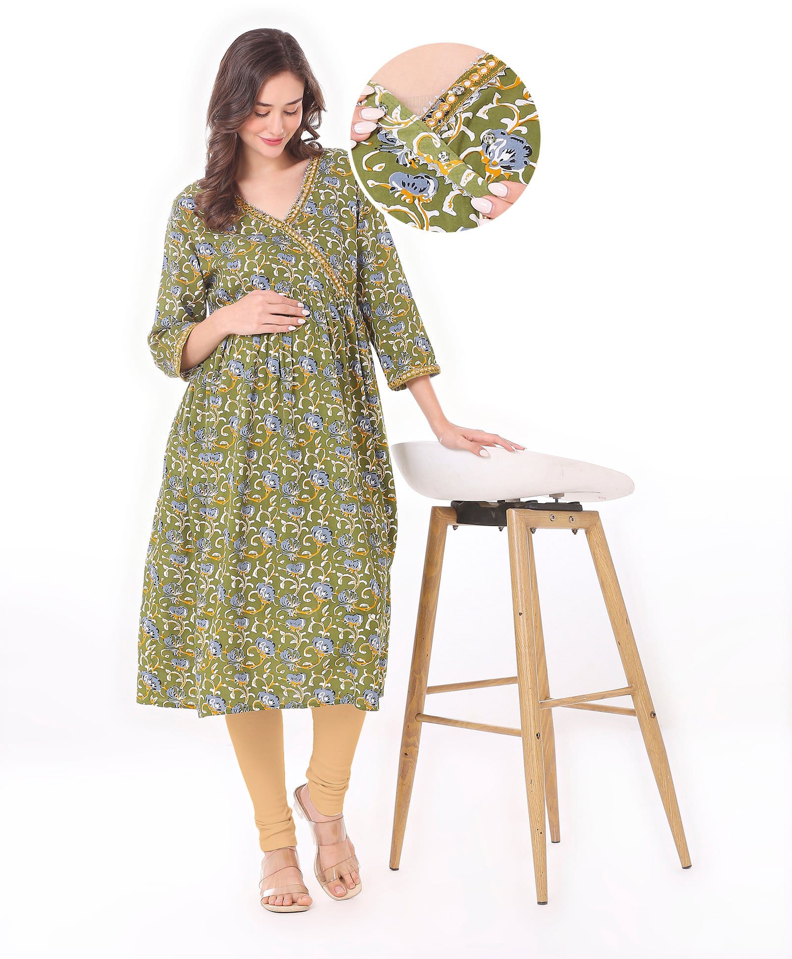 Bella Mama Viscose Woven Over Lapping Front Three Fourth Sleeves Maternity Kurta With Pocket Floral Print- Green-picture-27