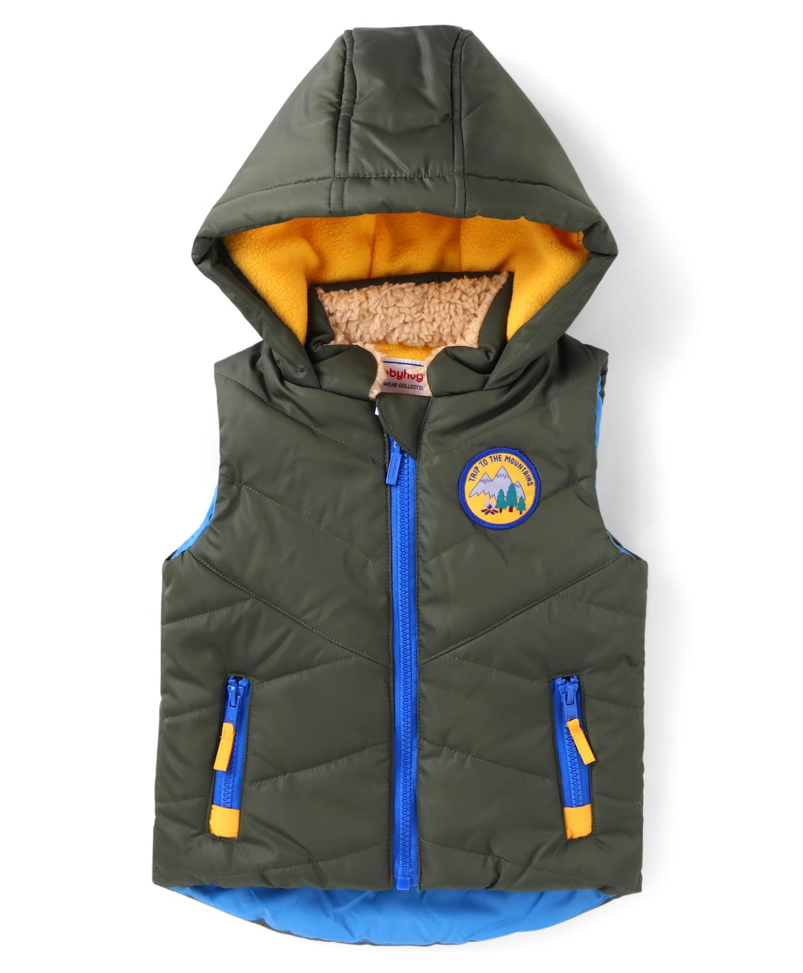 Babyhug  Woven Sleeveless Hooded Padded Winter Jacket with Patch & Pockets - Dark Green-image-46