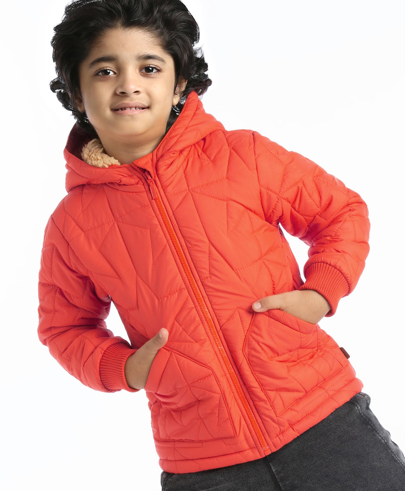 Babyhug Full Sleeves Padded Winter Jacket with Hood Star Design - Orange-image-25