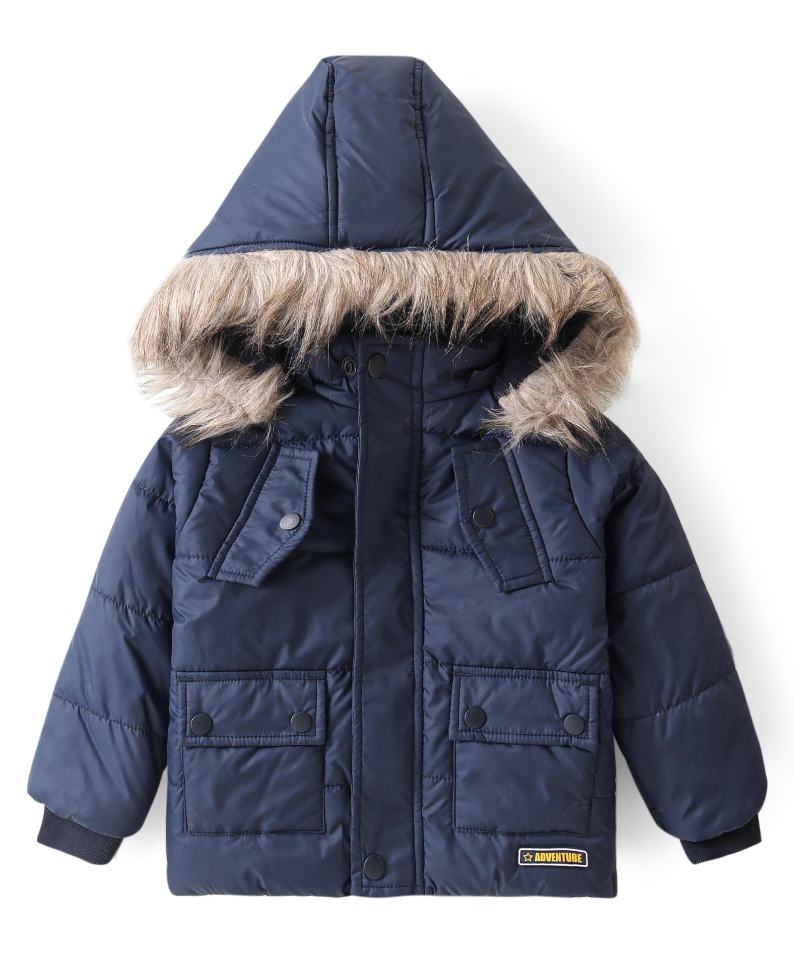 Babyhug Full Sleeves Padded Quilted Jacket with Detachable Hood Solid Colour - Navy Blue-image-22