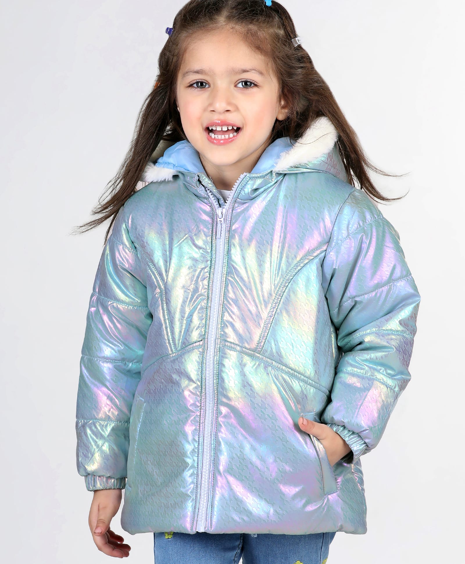 Babyhug Full Sleeve Hooded Puffer Jacket with Holographic Effect - Silver-image-25