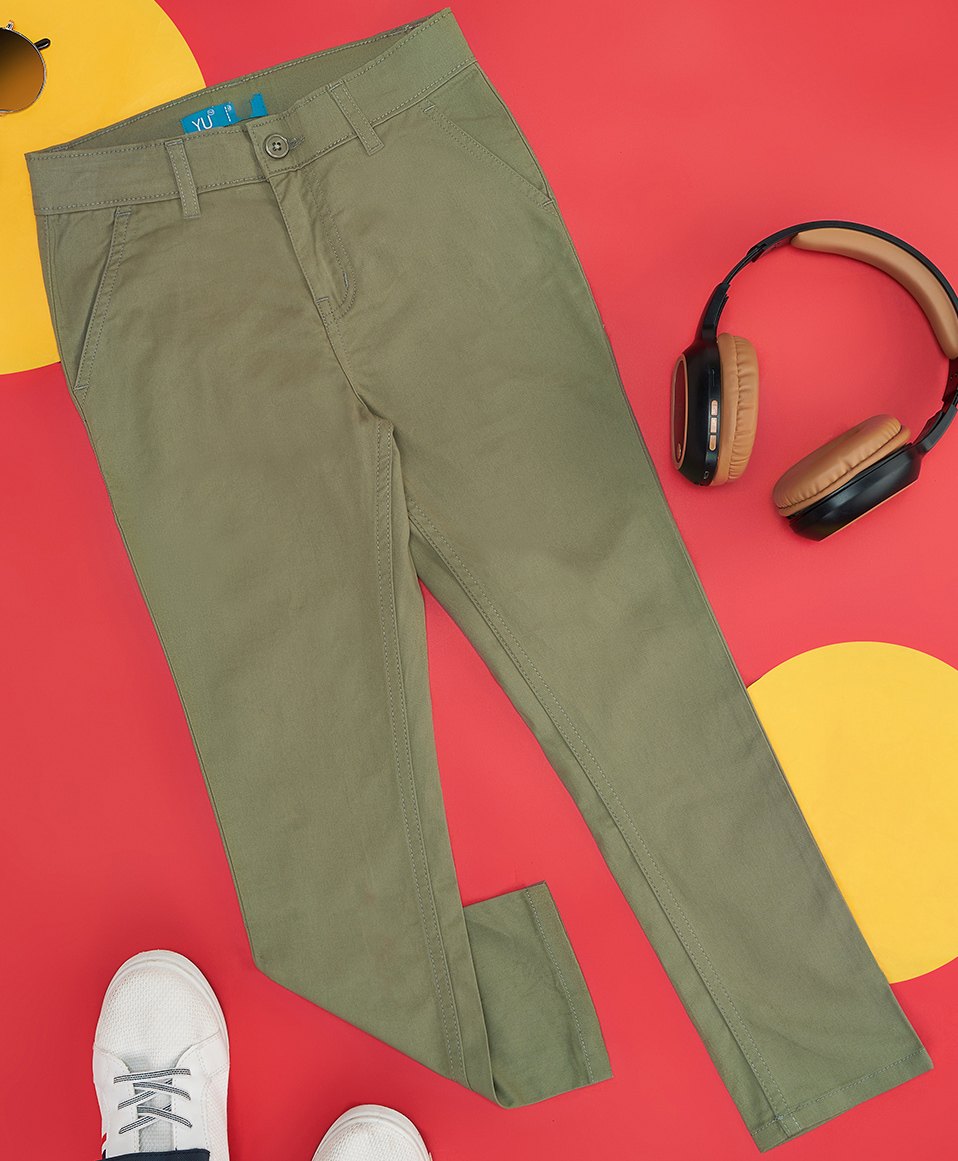 YU by Pantaloons Cotton Lycra Solid Trousers - Olive Green-picture-22