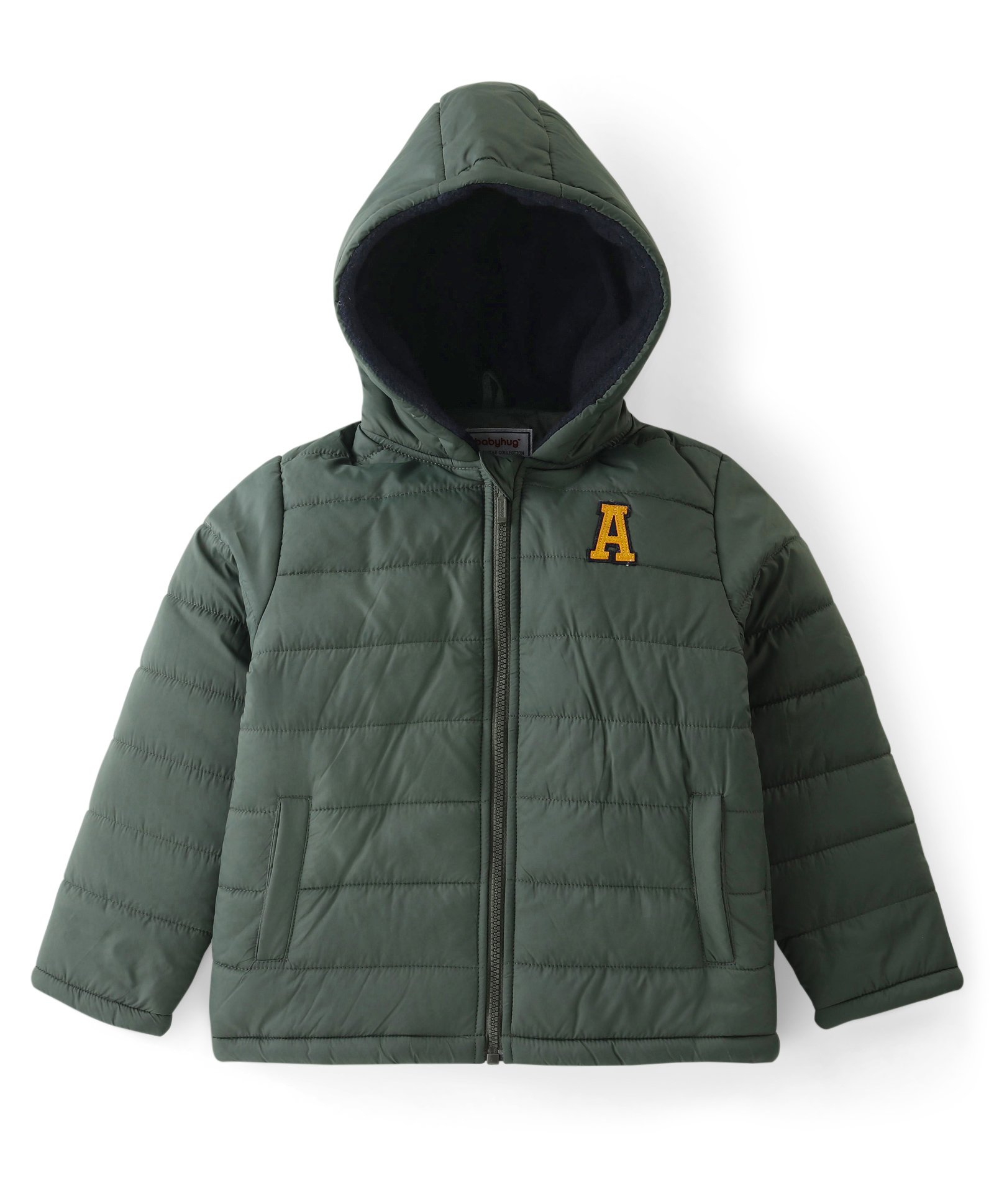 Babyhug Woven Full Sleeves Solid Color Padded Hooded Jacket- Green-image-18