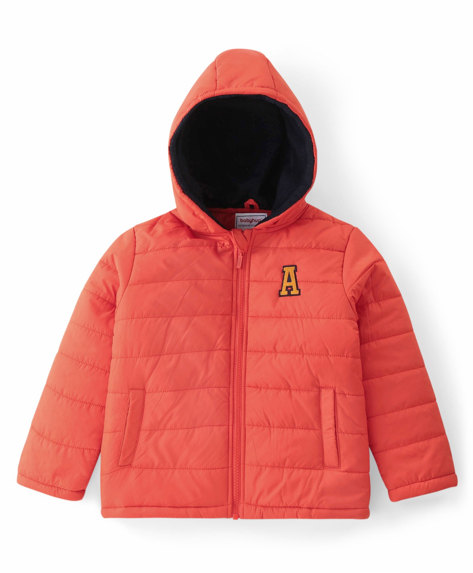 Babyhug Woven Full Sleeves Solid Color Padded Hooded Jacket- Orange-image-16