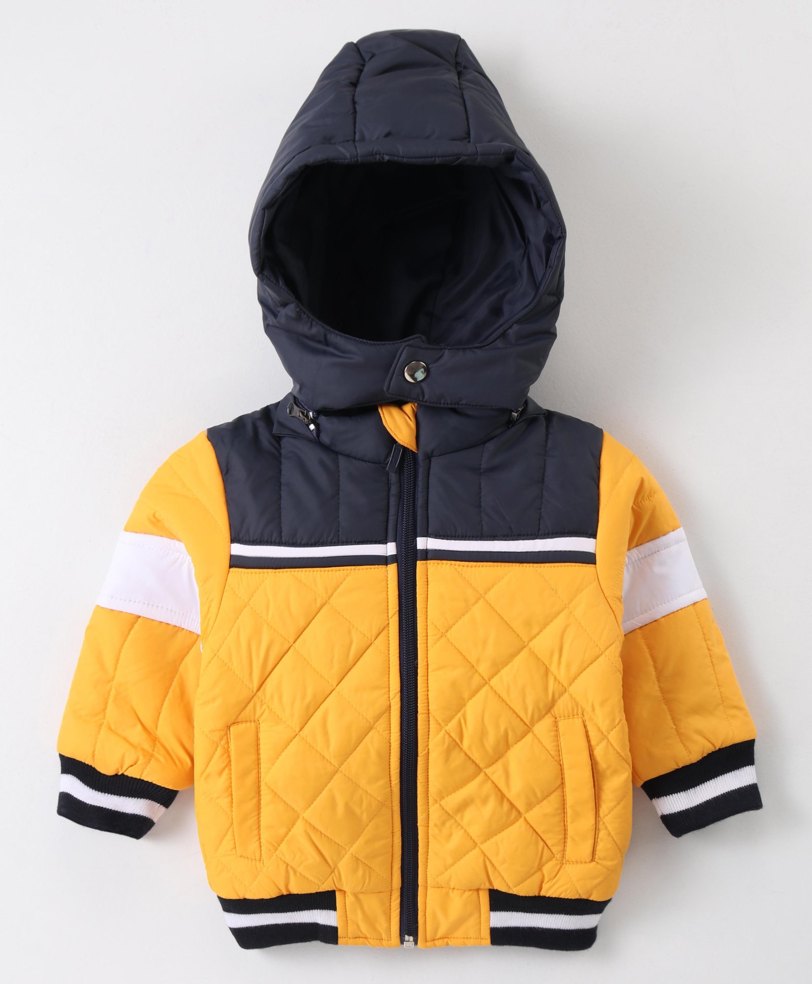 Babyhug Full Sleeves Front Open Padded Hooded Jacket with Detachable Hood & Colour Block Design - Yellow-image-17