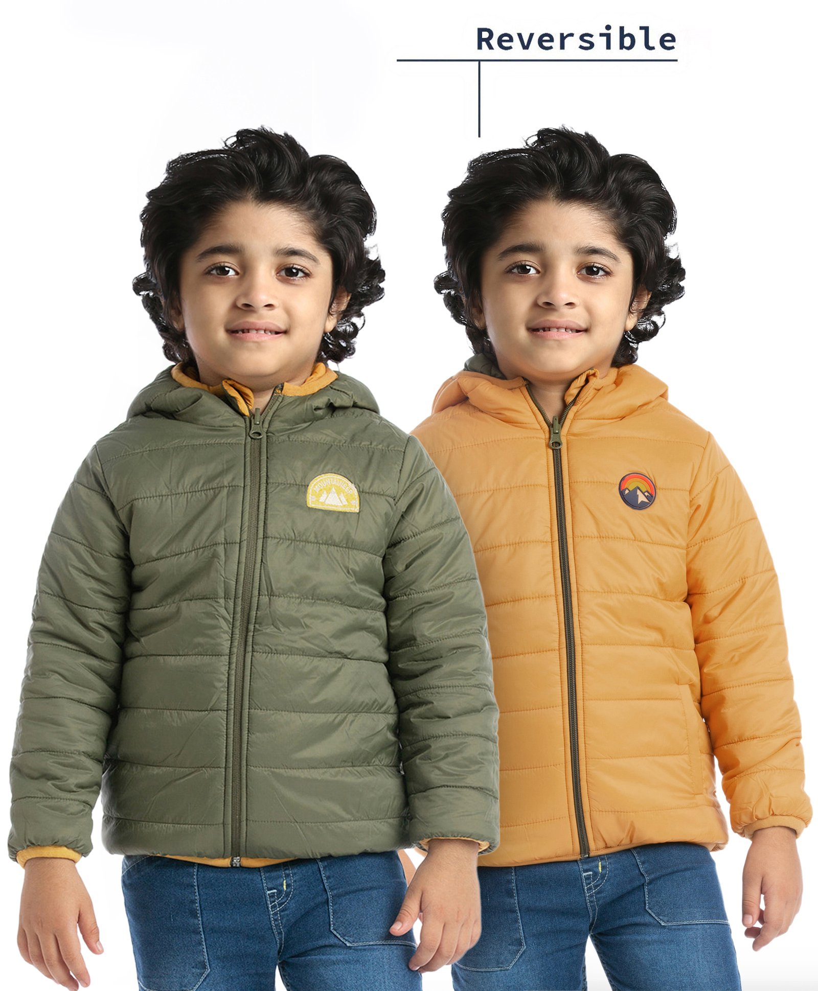 Babyhug Woven Full Sleeves Solid Color Padded Hooded Reversible Jacket - Olive Green & Mustard-picture-31