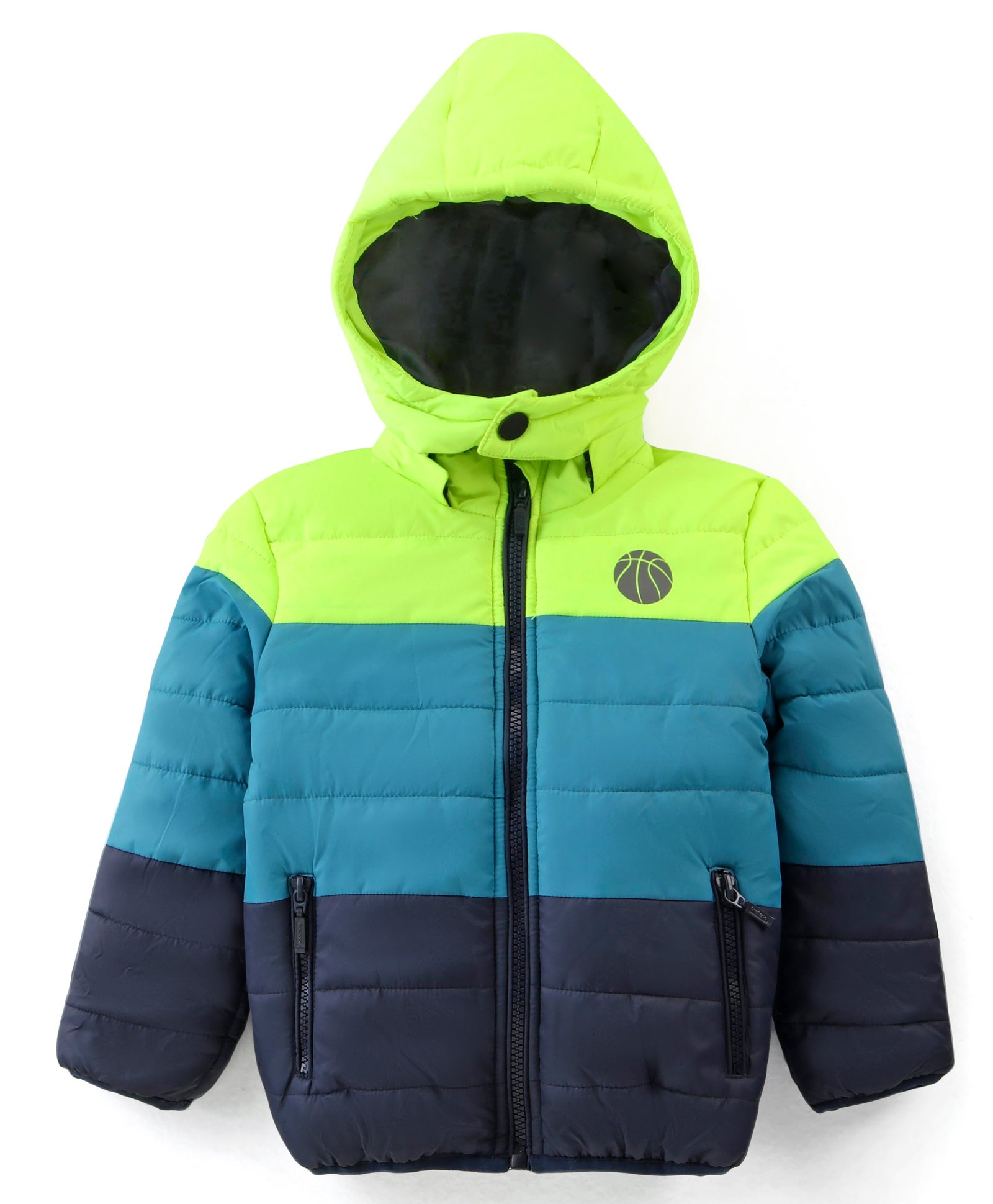 Babyhug Full Sleeves Colour Blocked Padded Jacket with Detachable Hood - Green & Blue-image-37