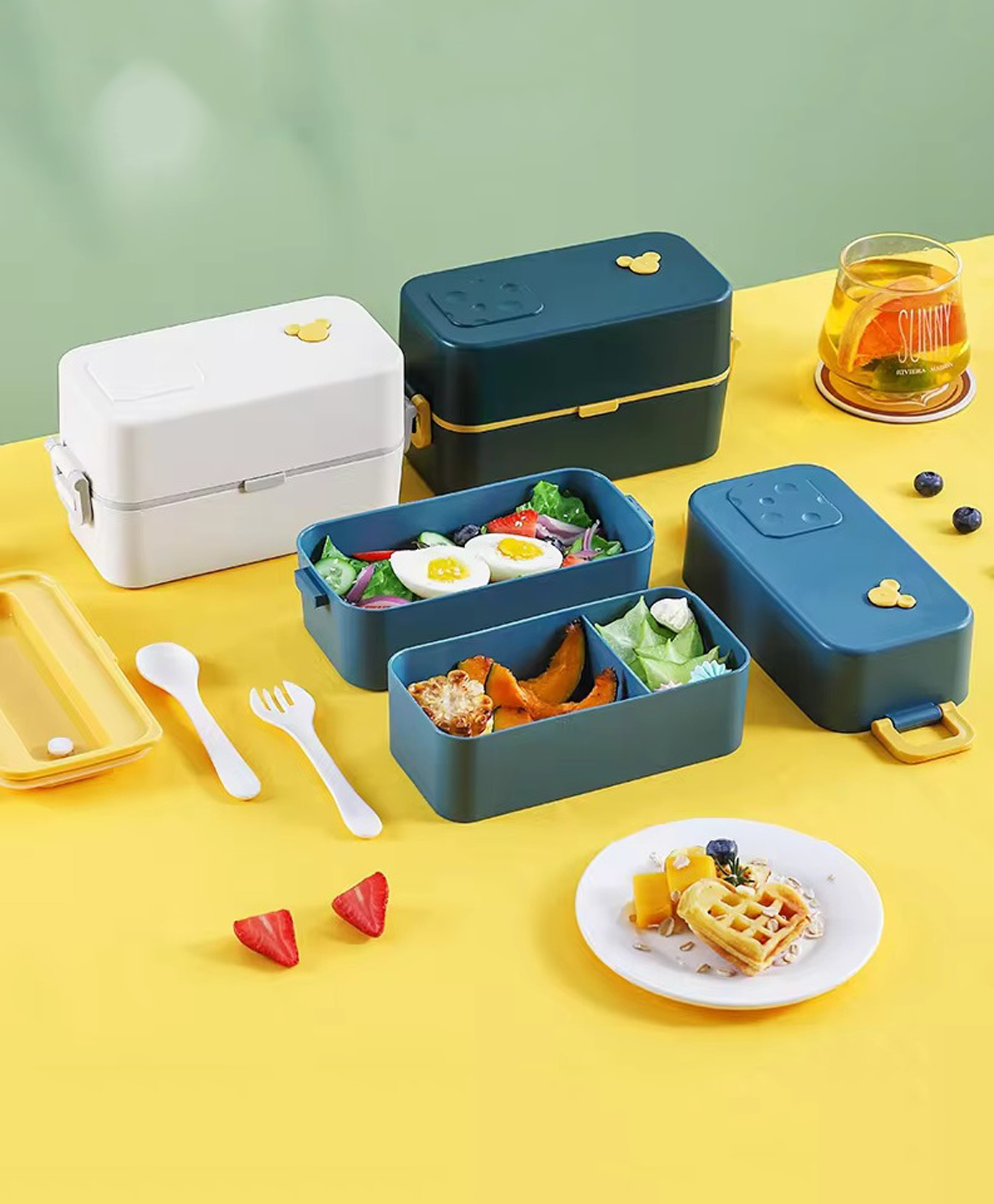 Elecart Portable Double Layer Seal Leak proof Food Grade Material Lunch Box For Kids Student with Spoon and Fork  Random Color-picture-11
