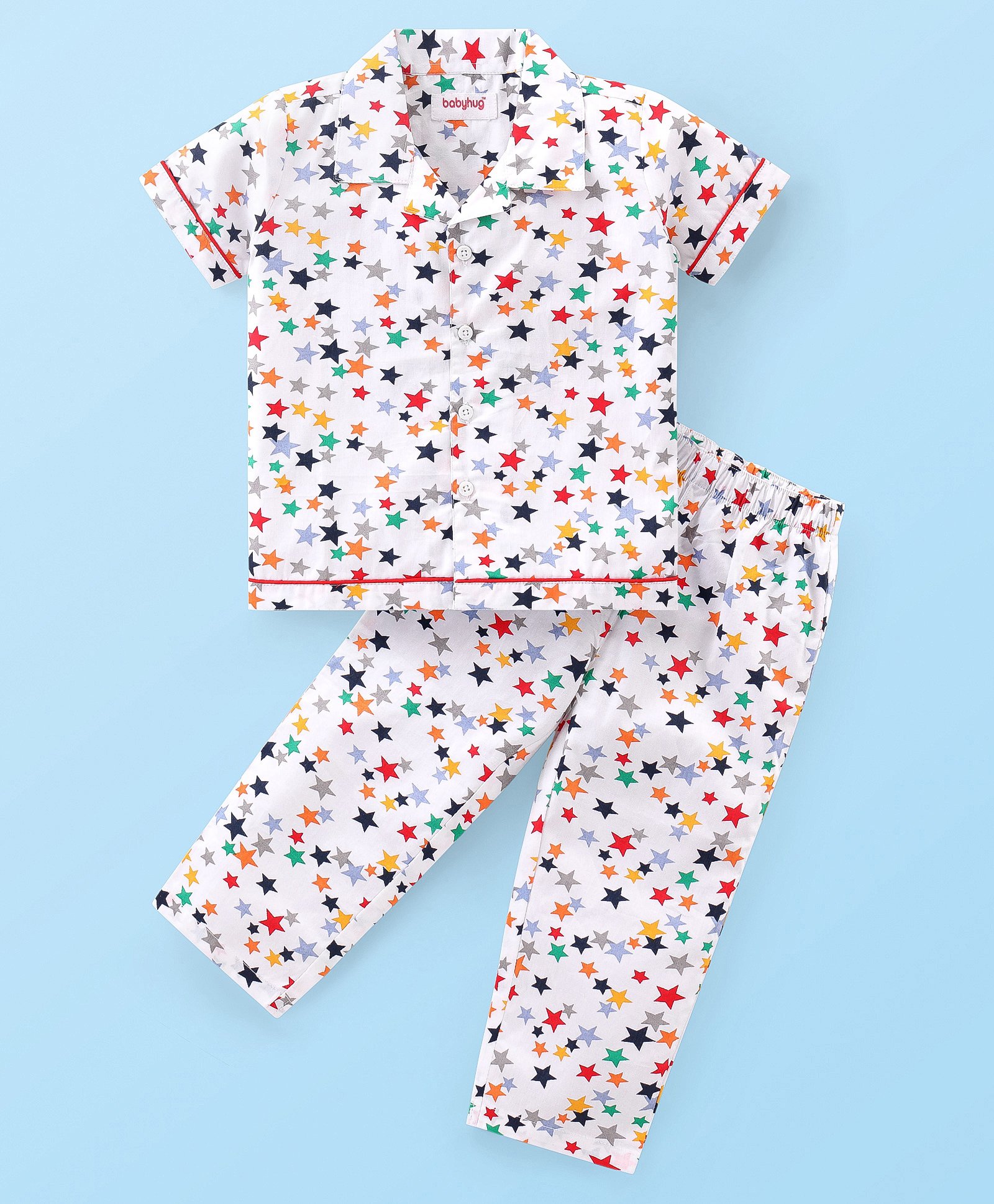 Babyhug Poplin Woven Half Sleeves Night Suit With Star Print - White-image-25