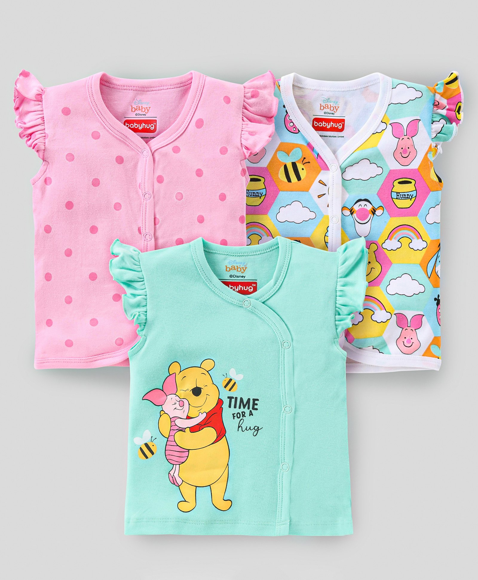 Babyhug Disney Cotton Knit Frill Sleeves Front Open Jhablas with Polka Dots & Winnie The Pooh Print Pack of 3  - Pink White & Green-picture-17