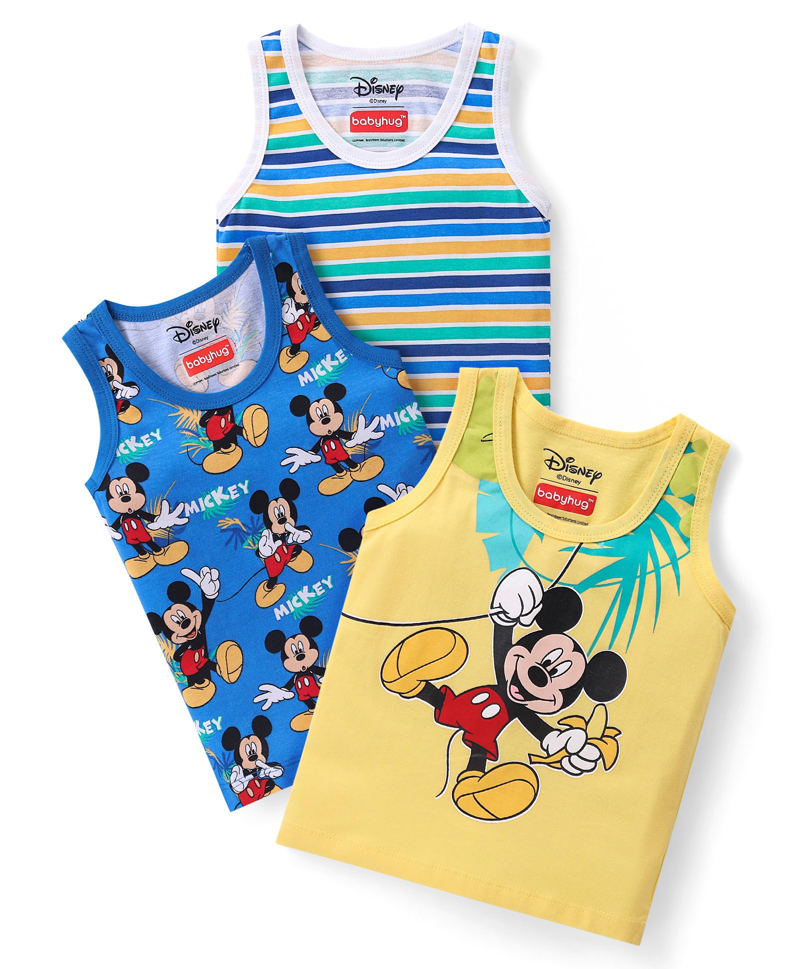 Babyhug Disney Cotton Sleeveless Vests With Mickey Mouse Print Pack of 3 - Multicolor-image-45