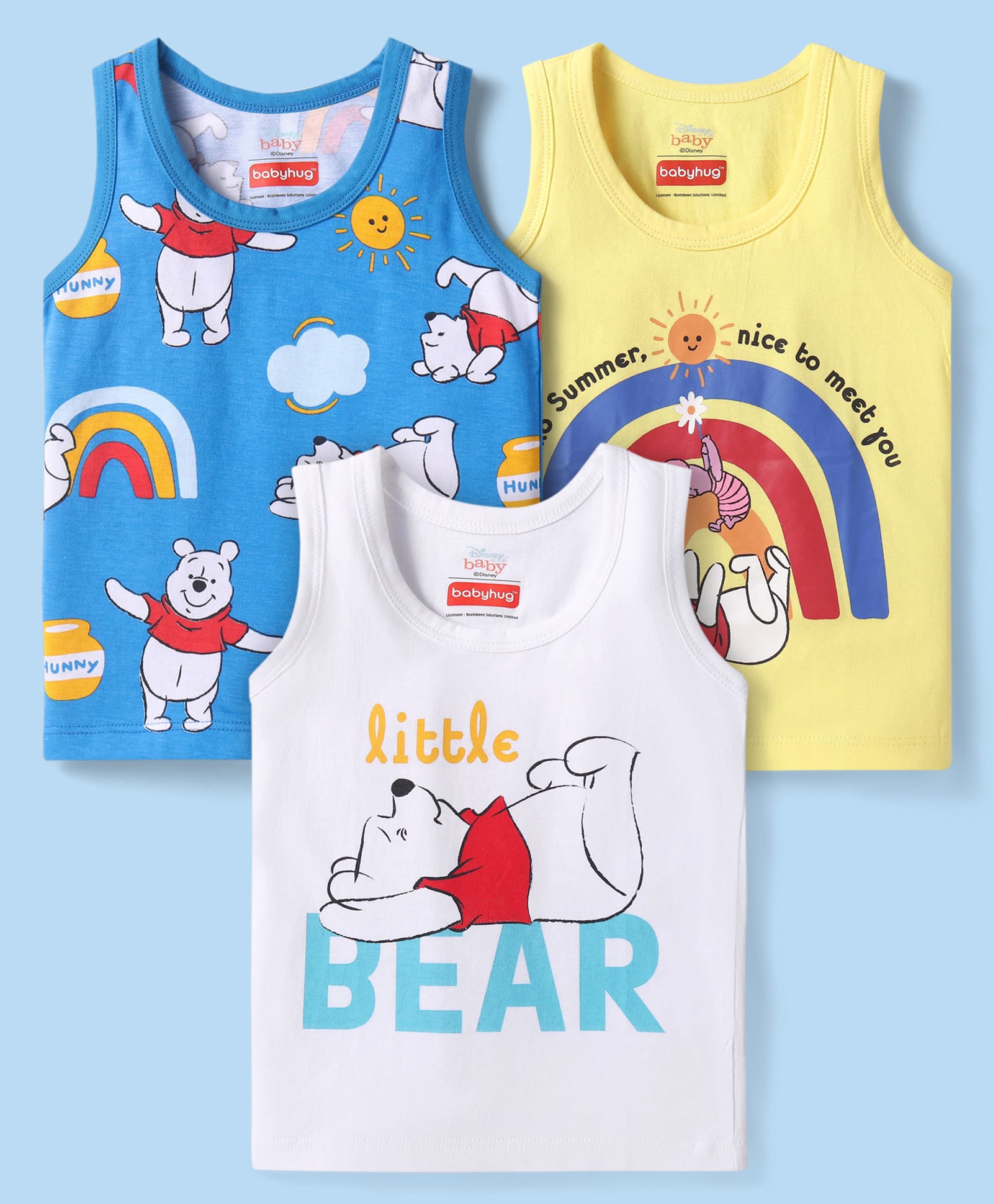 Babyhug Disney Single Jersey Knit Sleeveless Sandos With Winnie The Pooh Graphics Pack of 3 - Blue Yellow & White-picture-22