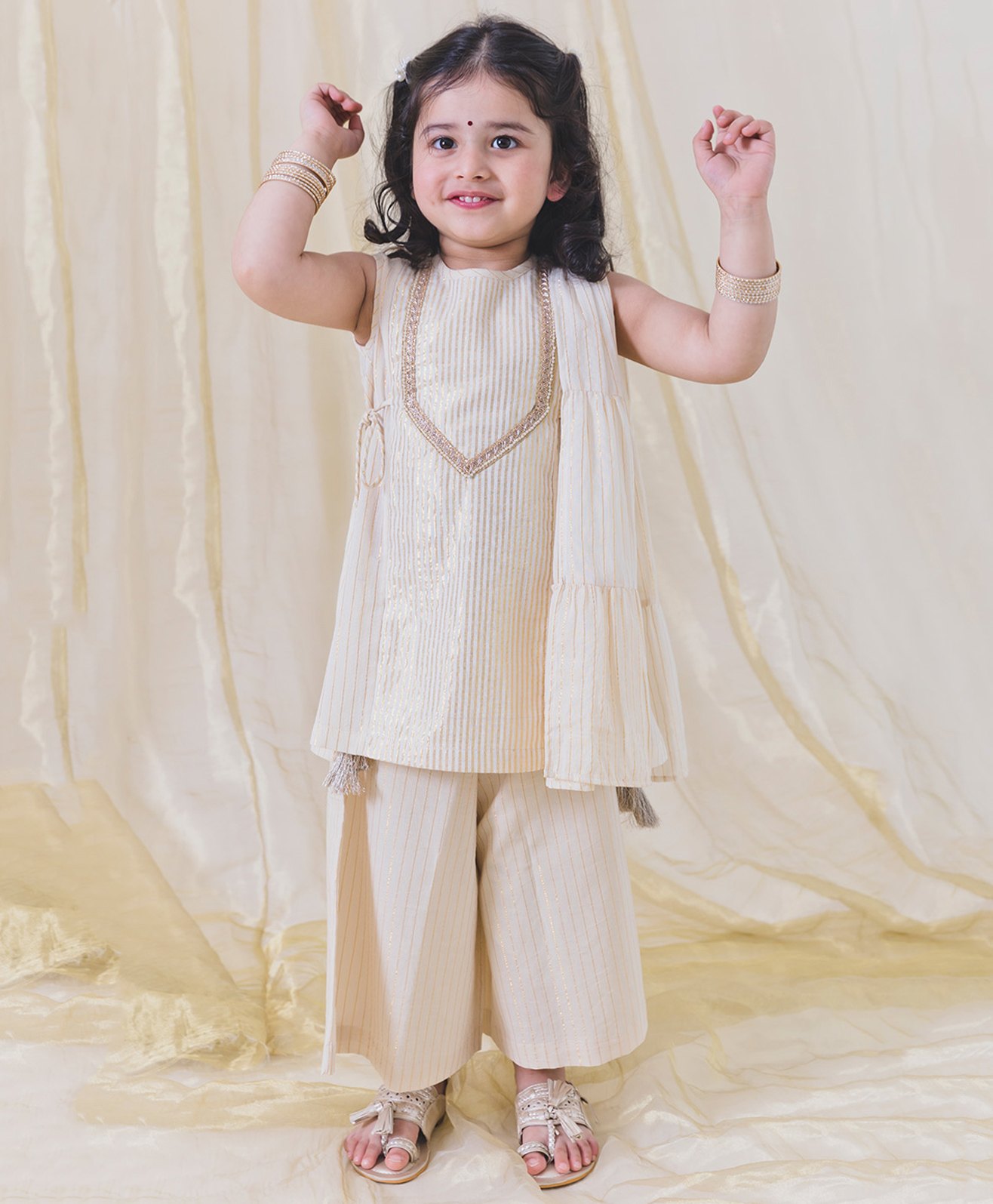 Tiber Taber Cotton Lurex Sleeveless  Striped Kurta With Coordinating Palazzo Set - Cream-picture-8