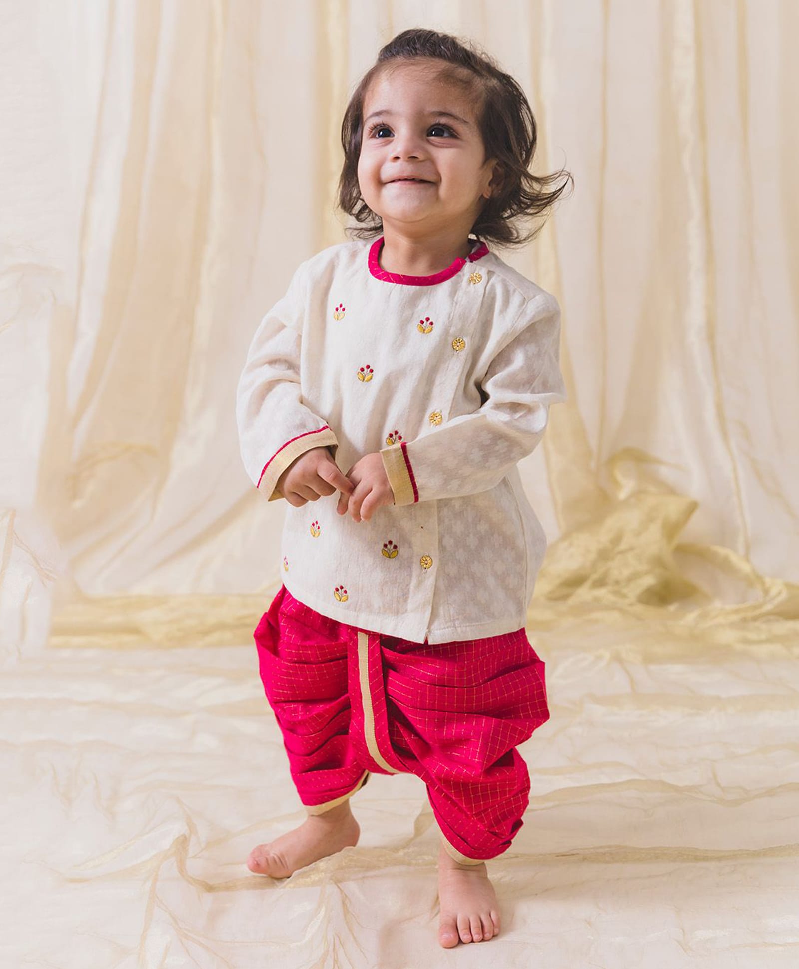 Tiber Taber Cotton Full Sleeves Floral Embroidered Kurta & Dhoti Kurta Set - Pink-image-21