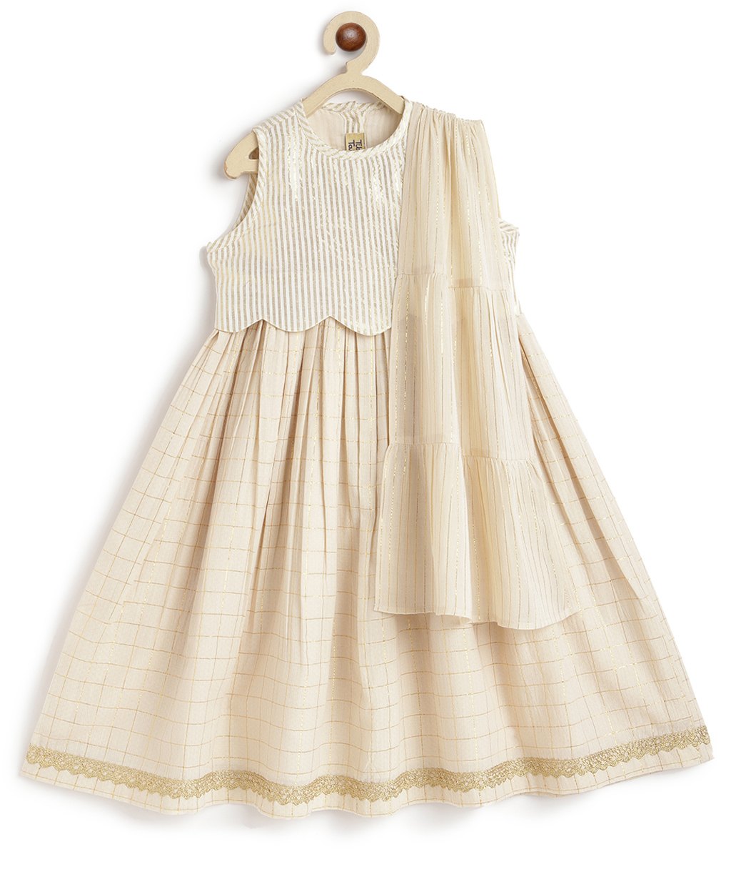Tiber Taber Cotton Lurex Sleeveless Striped & Checked Pattu Pavdai Set - Cream-picture-25