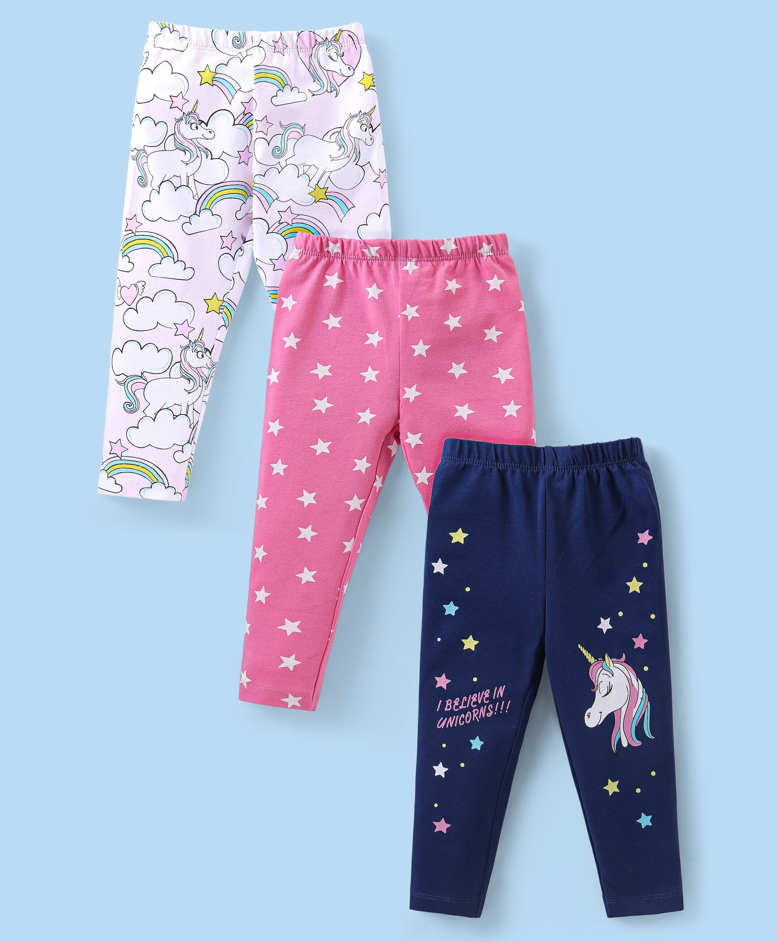 Babyhug Cotton Knit Full Length Leggings with Star &  Unicorn Print Pack of 3 - Multicolour-picture-19