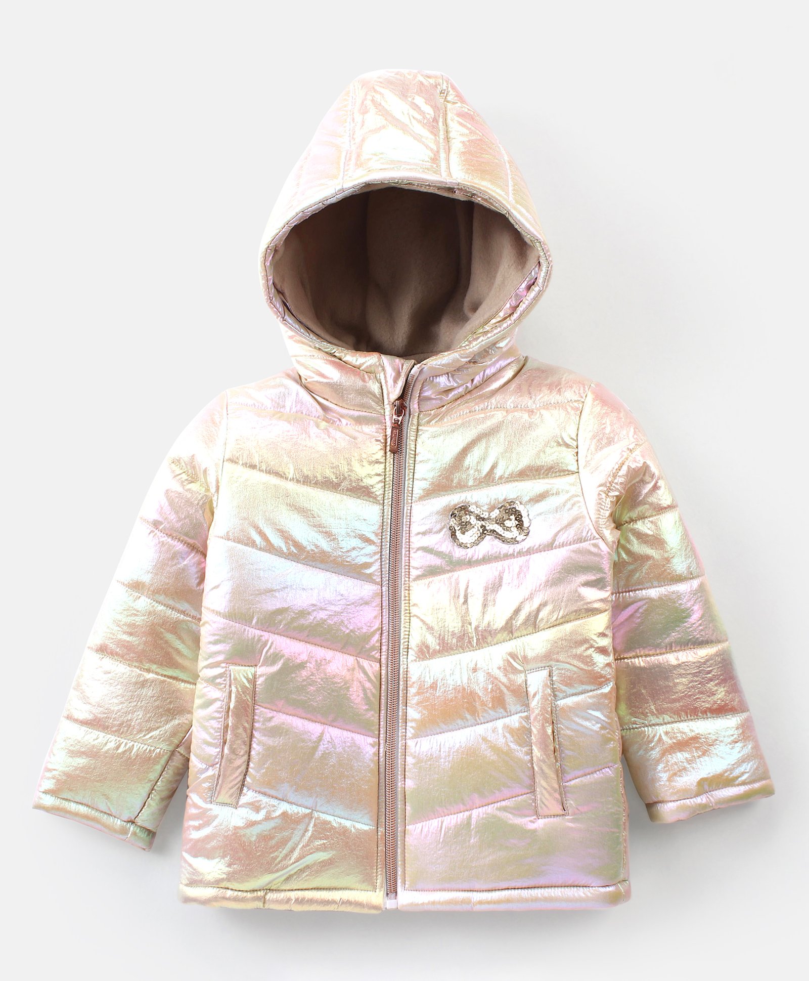 Babyhug Full Sleeves Front Open Padded Hooded Holographic Jacket with Sequin Bow Embroidery - Silver-picture-13