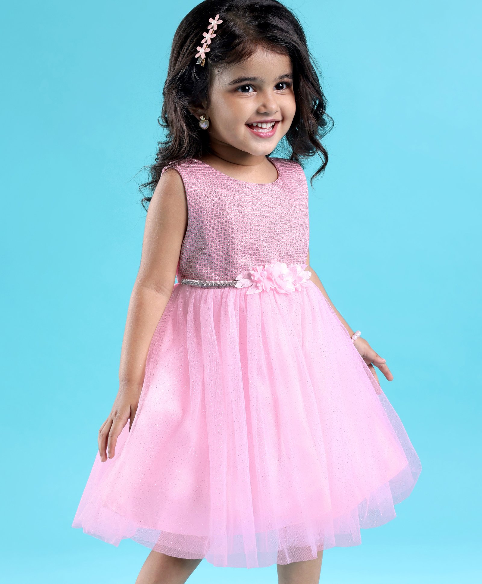 Babyhug  Sleeveless Fit & Flared Shimmered Party Frock with Floral Applique - Pink-image-36