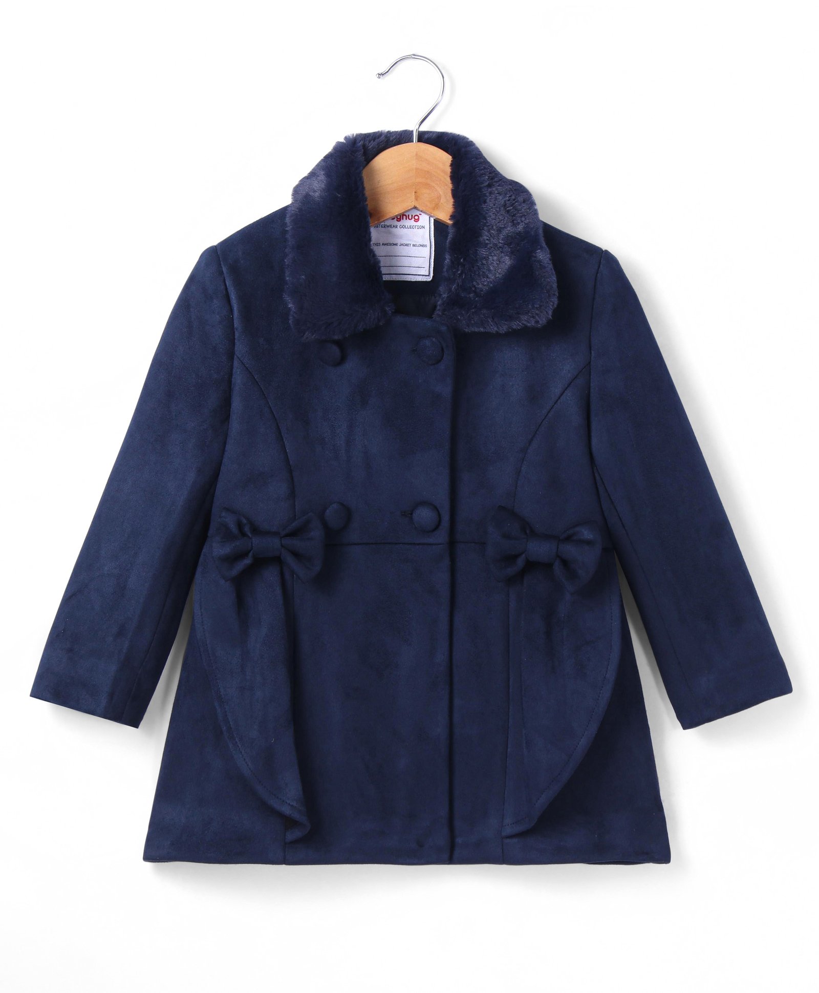 Babyhug Woven Full Sleeves Solid Colour Winter Overcoat With Bow Applique - Navy Blue-picture-11