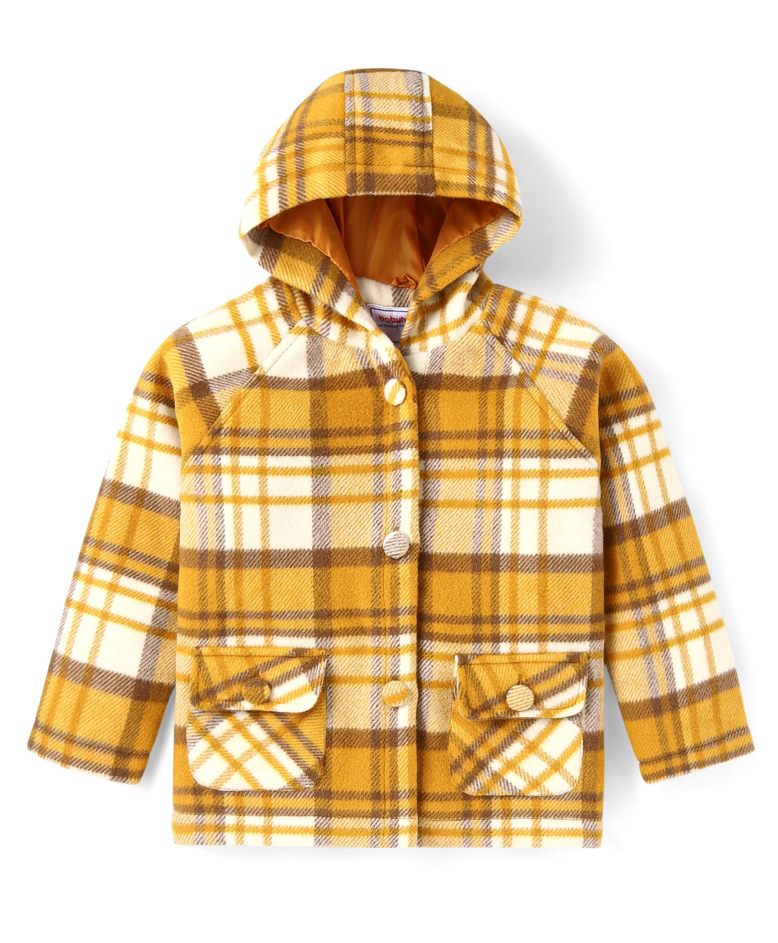 BabyhugWoven Full Raglan Sleeves Checkered Winter Jacket with Hood - Mustard-image-30