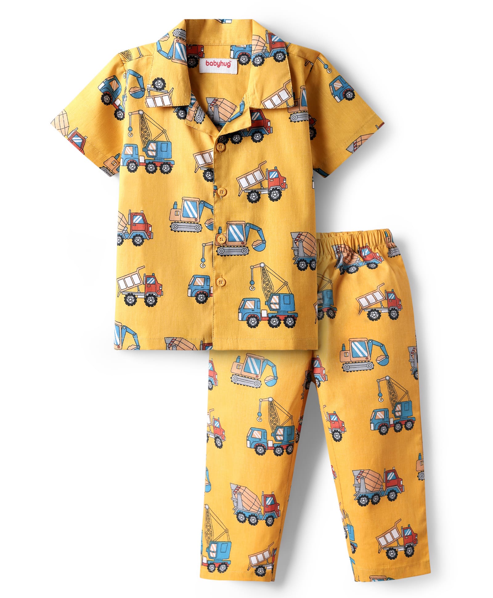 Babyhug Cotton Knit Half Sleeves Collar Neck Night Suit with Teddy Print - Yellow-image-24