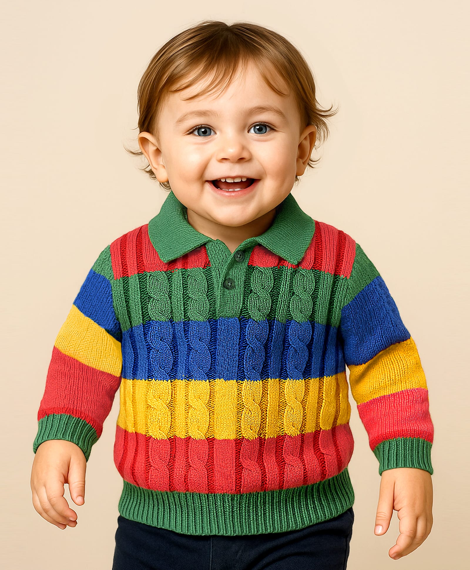 Babyoye 100% Cotton Knit Full Sleeves Collar Neck Pullover Sweater with Cable Knit & Colour Block Design - Green-picture-7