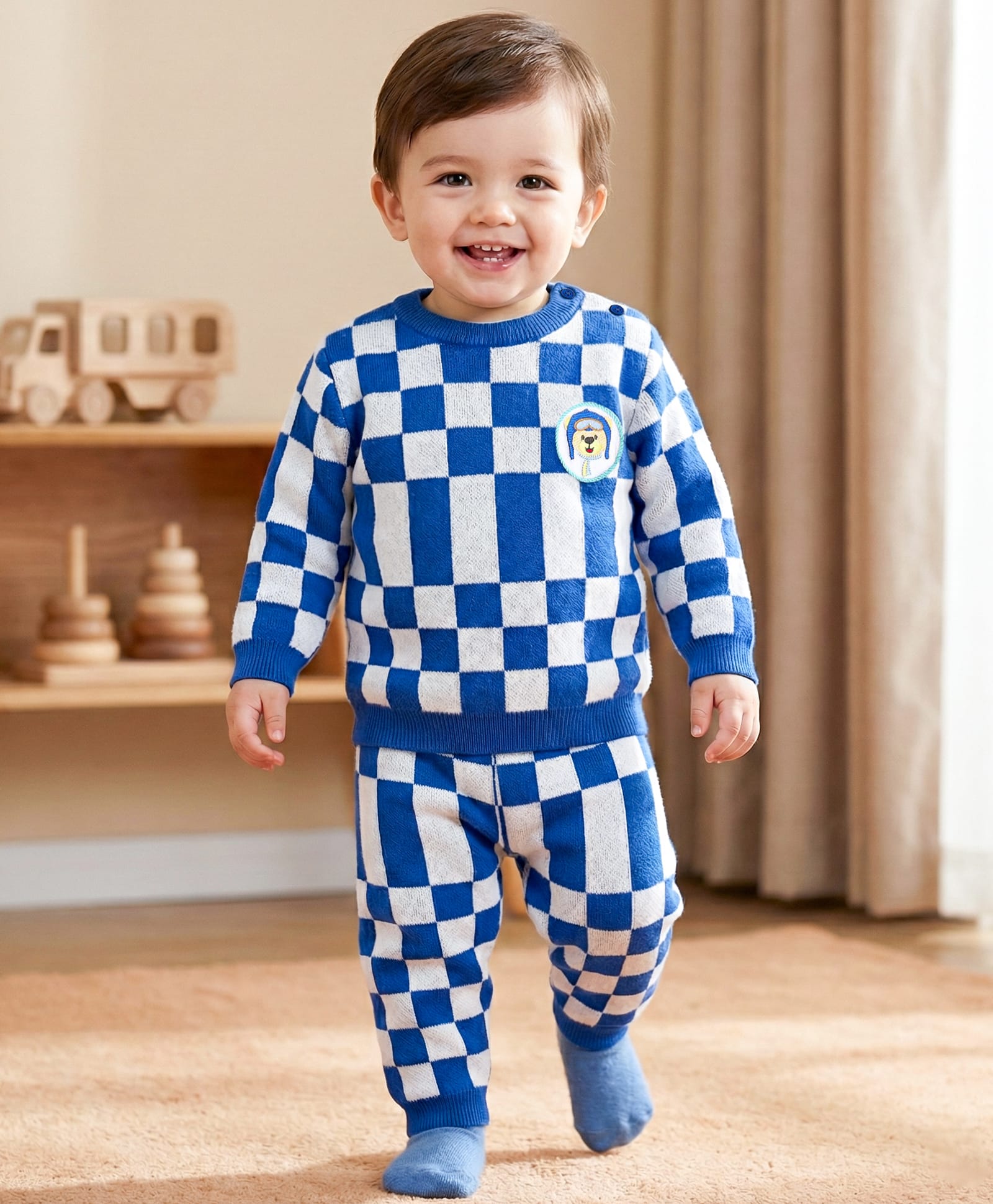 Babyoye 100% Cotton Full Sleeves Sweater Set With Checks Design & Bear Embroidery - Blue-picture-11