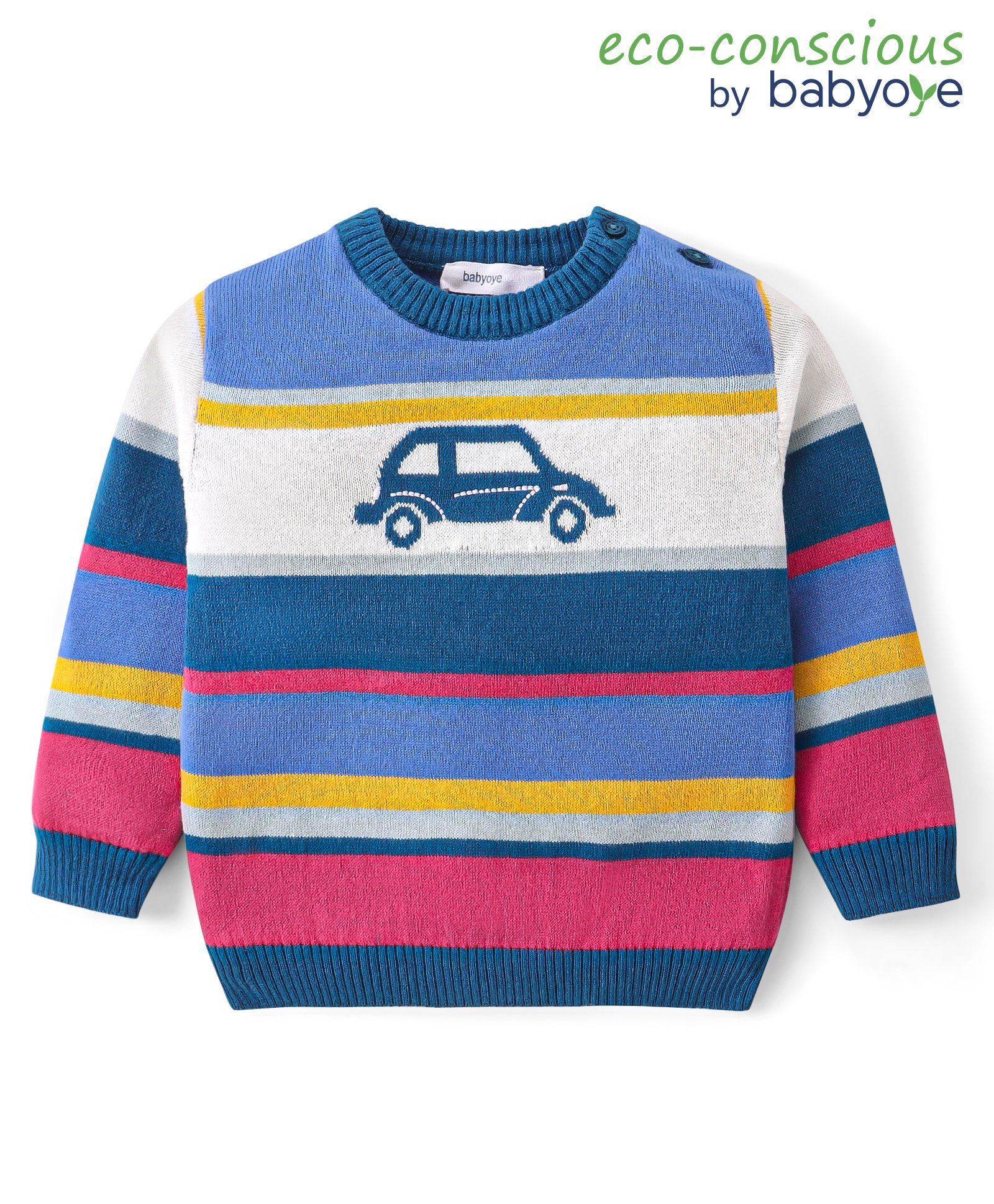 Babyoye  100% Cotton Knit Full Sleeves Striped Pullover Sweater with Car Design - Multicolour-picture-10